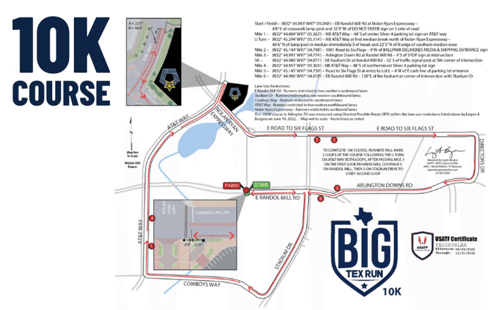 Map of the Big Tex Run 10K course showing the start and finish near Arlington Downs Rd, route marked in red, arrows indicating direction, and key points and landmarks labeled along the way.