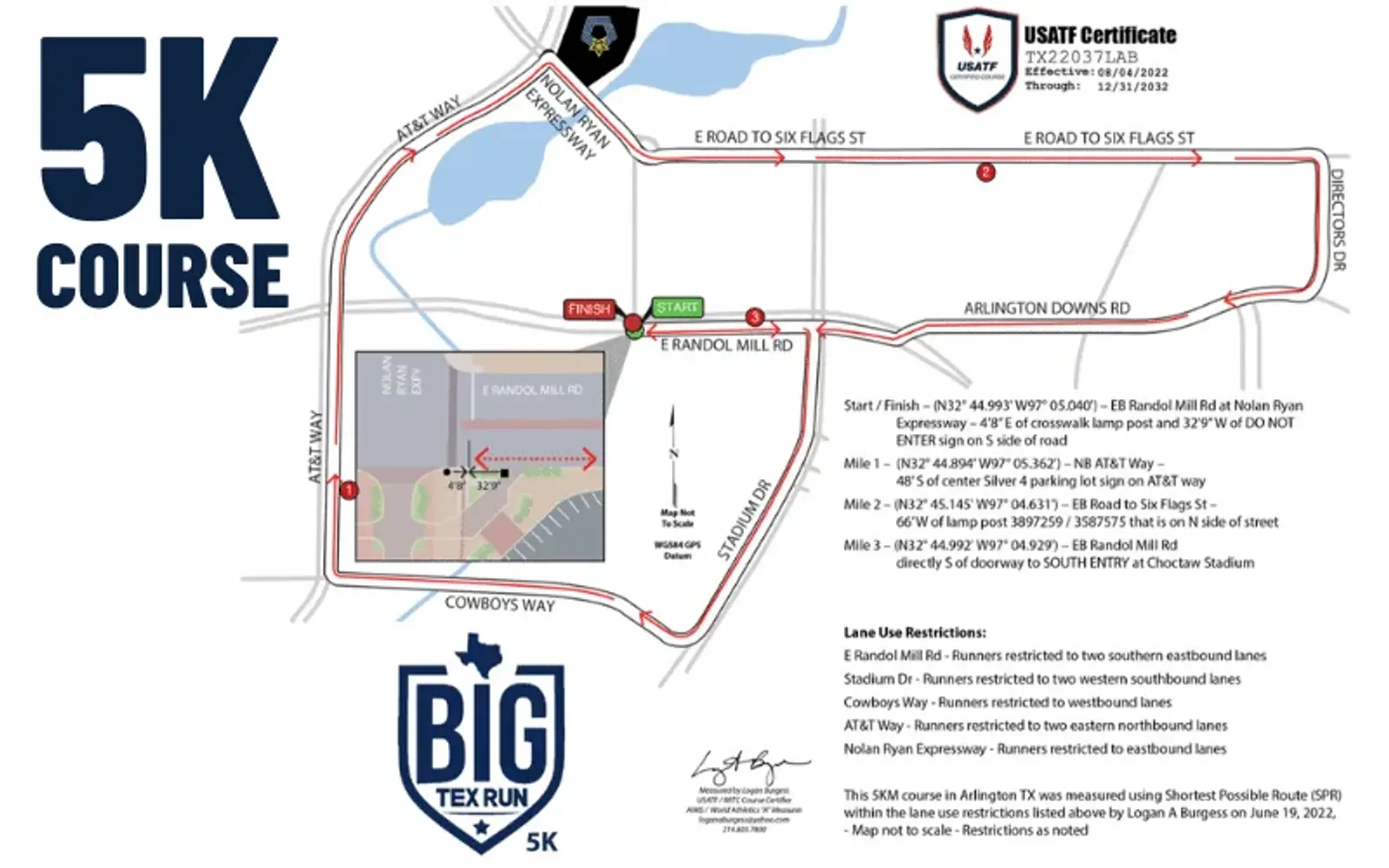Course map for the Big Tex Run 5K in Arlington, Texas, showing the race route with start and finish points, street names, landmarks, and notes on lane use and restrictions. Includes event logo and USATF certification.