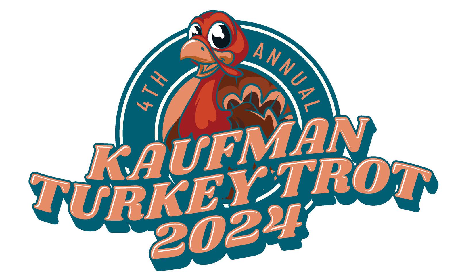 Logo for the 4th Annual Kaufman Turkey Trot 2024 featuring a cartoon turkey and bold text.