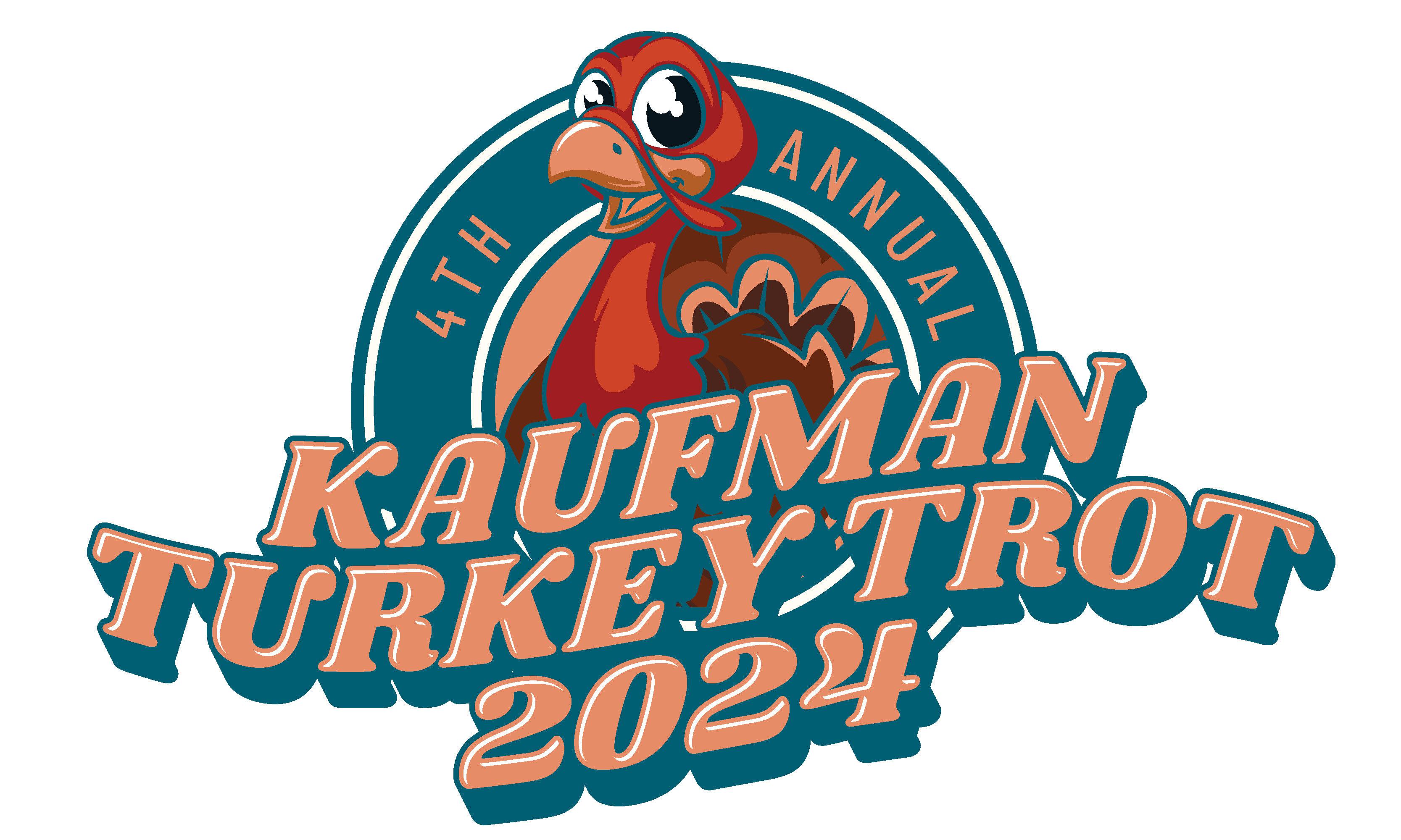 Logo for the 4th Annual Kaufman Turkey Trot 2024 featuring a cartoon turkey and bold text.