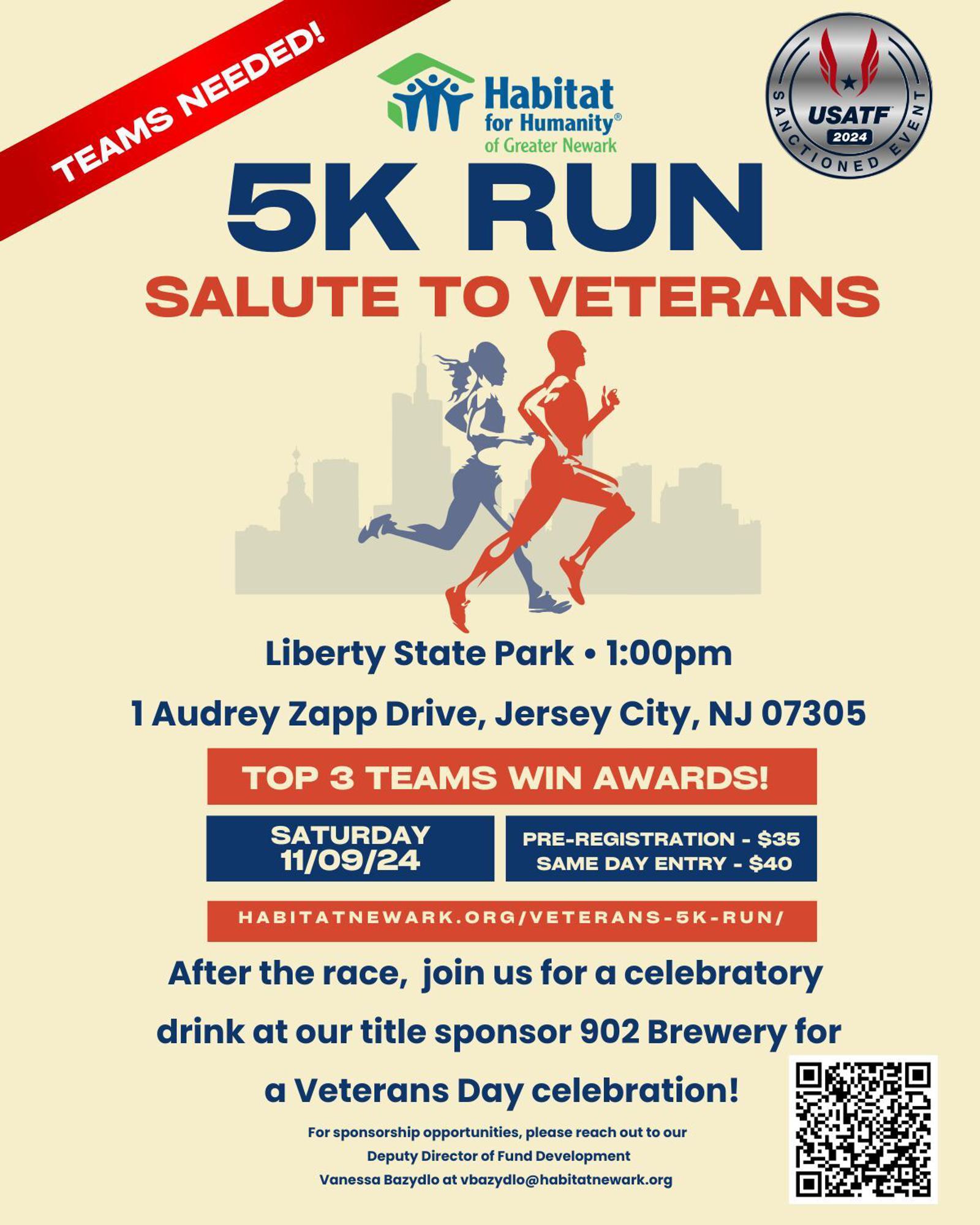 Flyer for a 5K Run titled "Salute to Veterans" at Liberty State Park, Jersey City, on 11/09/24 at 1:00 pm. Pre-registration is $35, race day $40. Organized by Habitat for Humanity. Top 3 teams win awards. Includes a QR code and logo of USATF.
