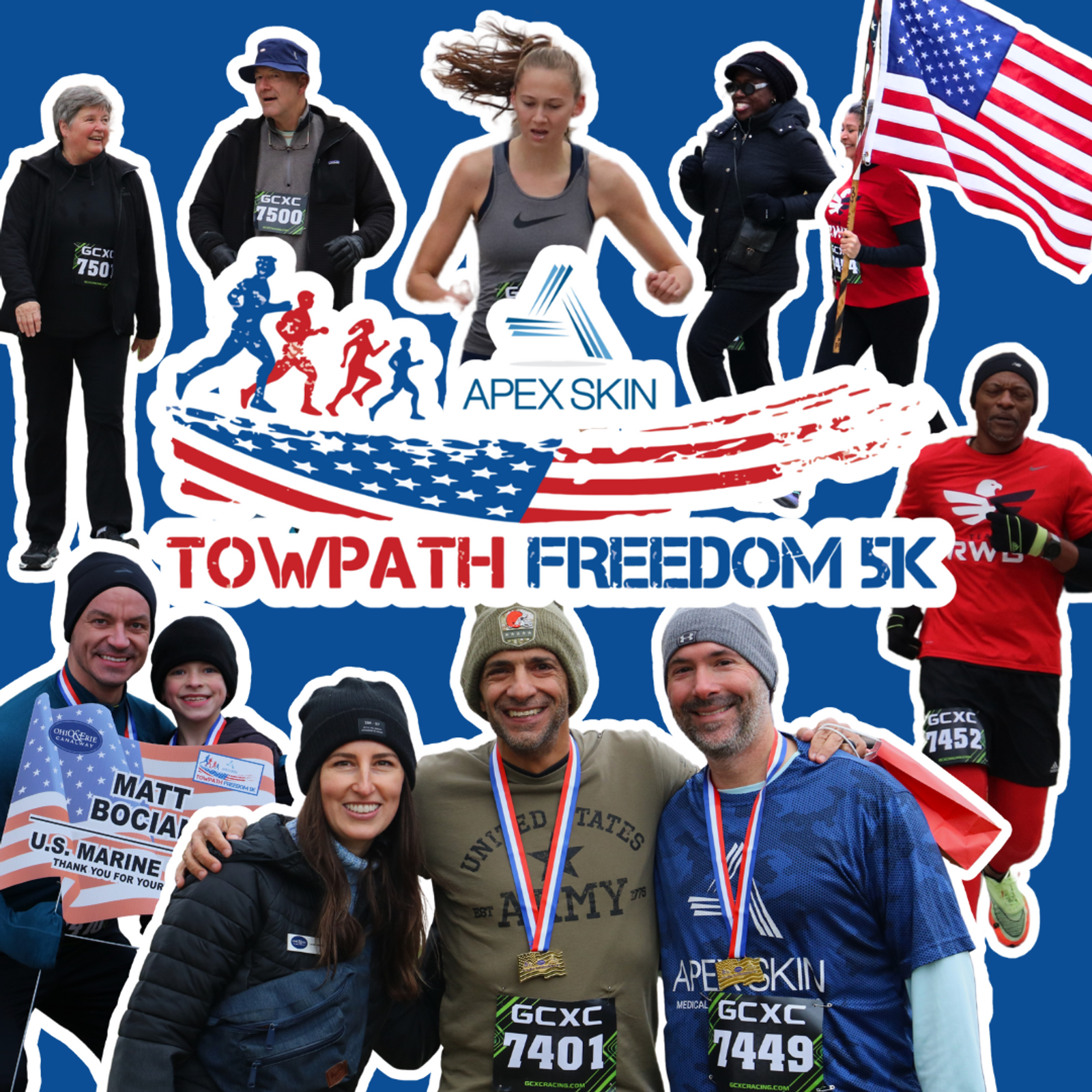 Collage of runners participating in the Towpath Freedom 5K race, featuring smiling individuals in athletic gear, some holding flags. The event is sponsored by Apex Skin, with a backdrop of the American flag and race bib numbers visible.