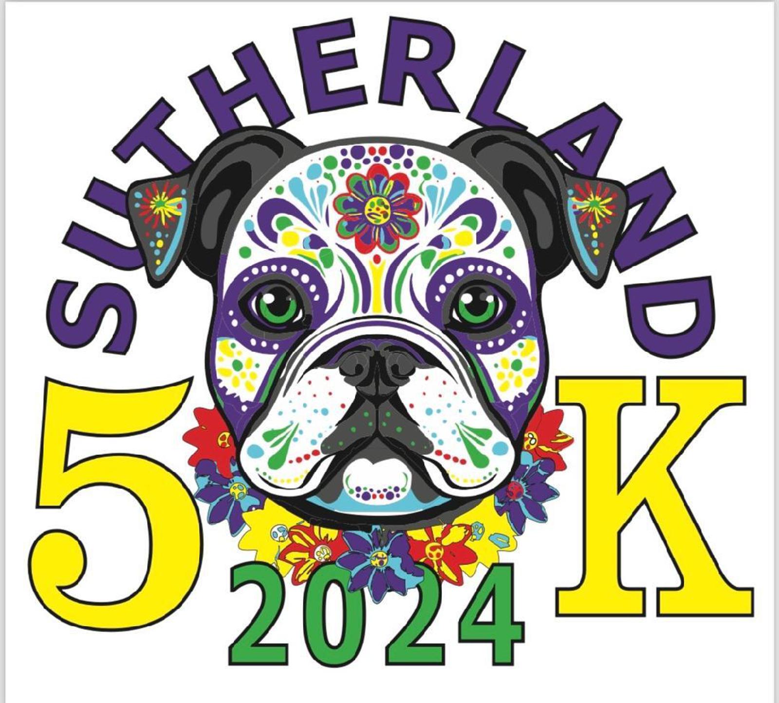Illustrated bulldog with colorful floral patterns on its face, surrounded by "Sutherland" in purple text. Large yellow "5K" and "2024" are displayed, with flowers around the bulldog's neck.