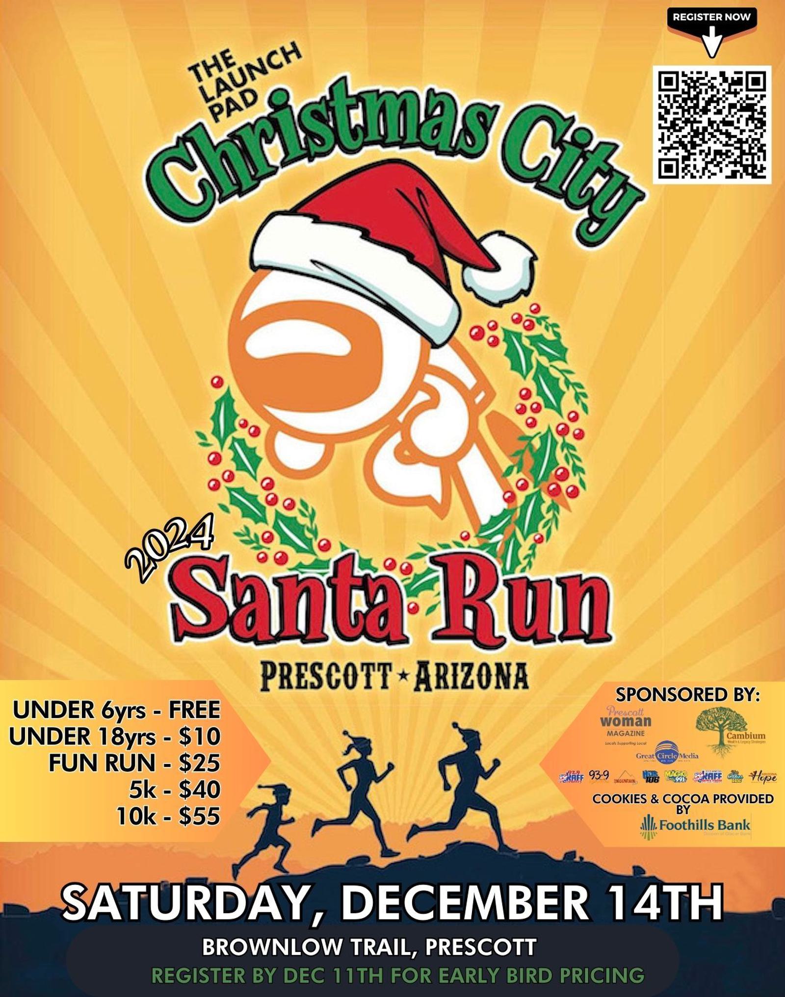 Festive flyer for the 2024 Santa Run in Prescott, Arizona. Features a cartoon Santa, event details, pricing, and silhouetted runners against a holiday-themed background. Event is on Saturday, December 14th, with registration by December 11th for discounts.