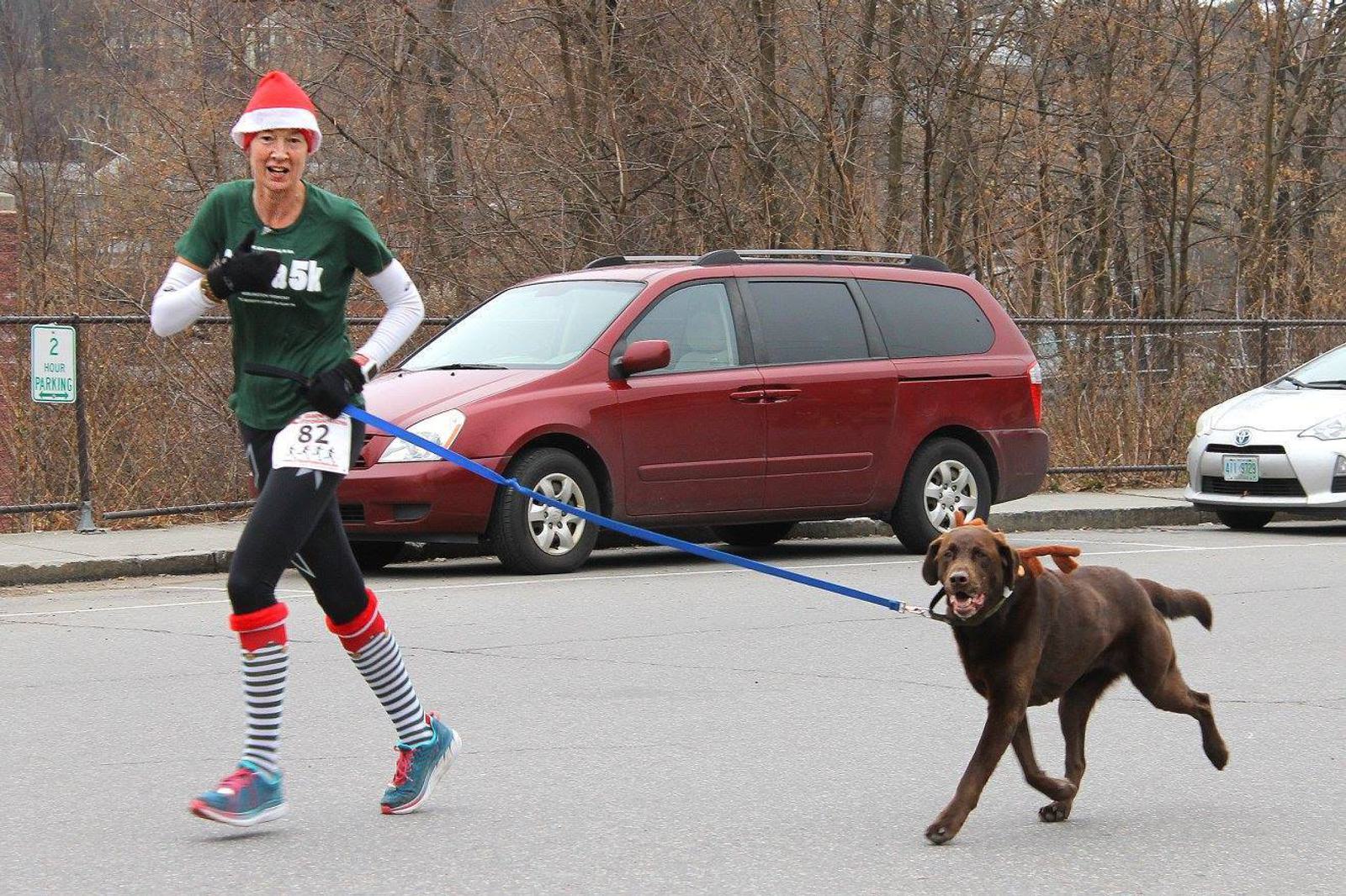 A person dressed in festive running attire, including a Santa hat and striped socks, runs alongside a brown dog on a leash. The pair is participating in an outdoor event, with parked cars and bare trees in the background.