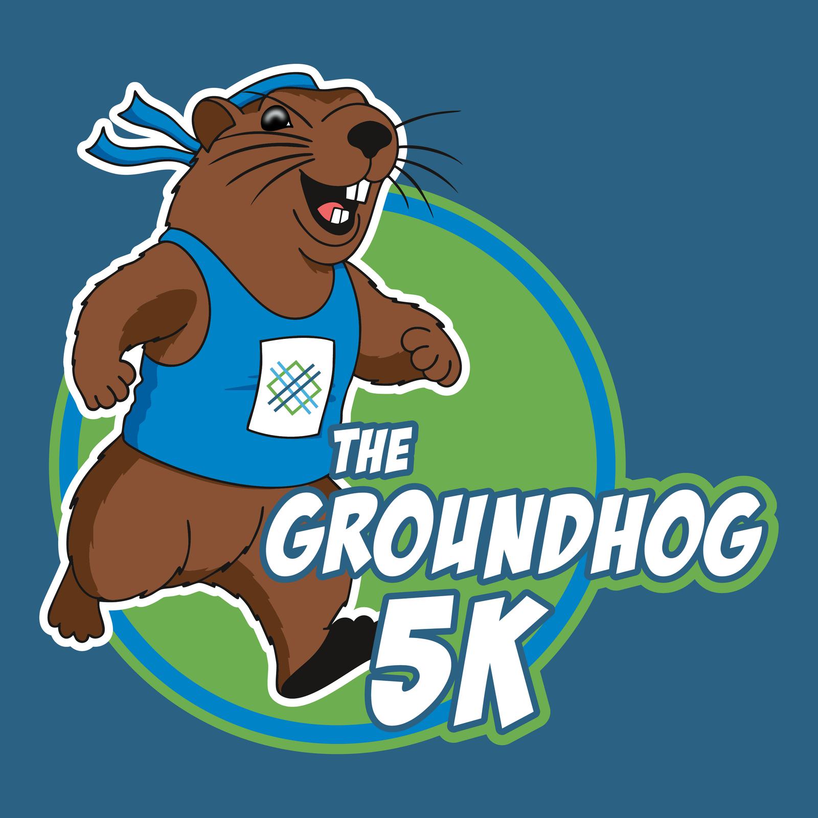 Illustration of a cheerful groundhog wearing a blue tank top and headband, running with enthusiasm. The text "The Groundhog 5K" is prominently displayed beside the groundhog on a green and blue background.
