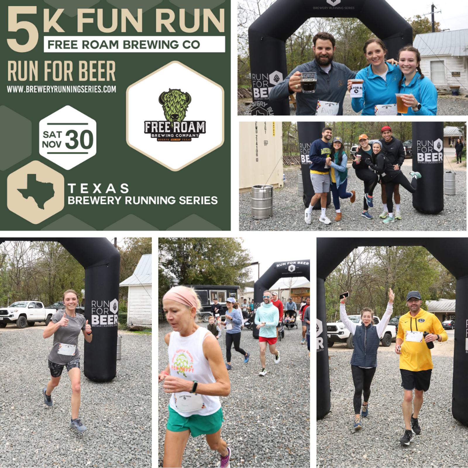 Collage of a 5K fun run event organized by Free Roam Brewing Co. and Texas Brewery Running Series. Runners of various ages participate, some holding beer glasses. An inflatable arch marks the start/finish line, and the event details are prominently displayed.