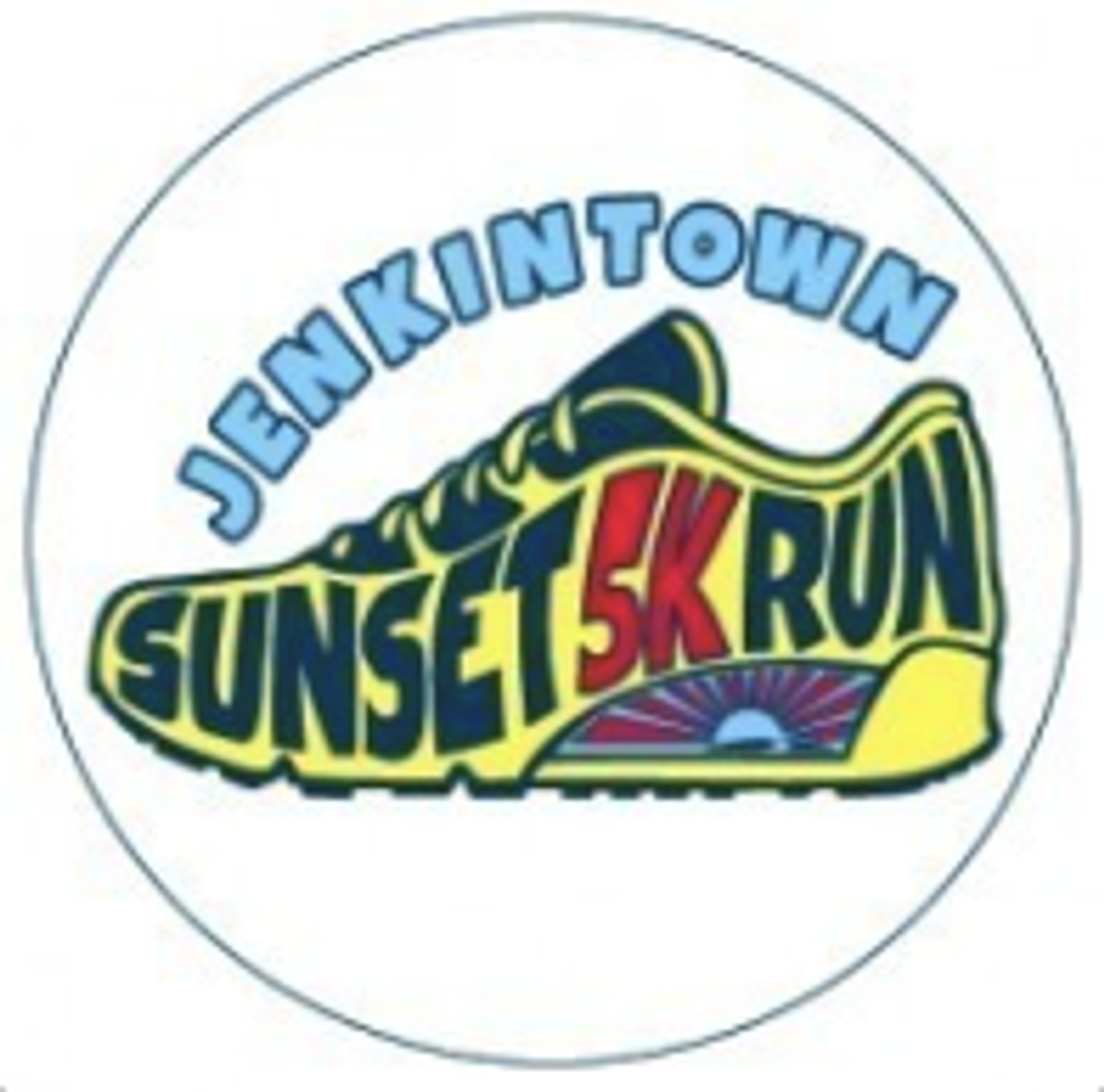 Logo featuring a running shoe with the words "Jenkintown Sunset 5K Run" integrated into the design. The shoe has a sunset graphic near the sole.