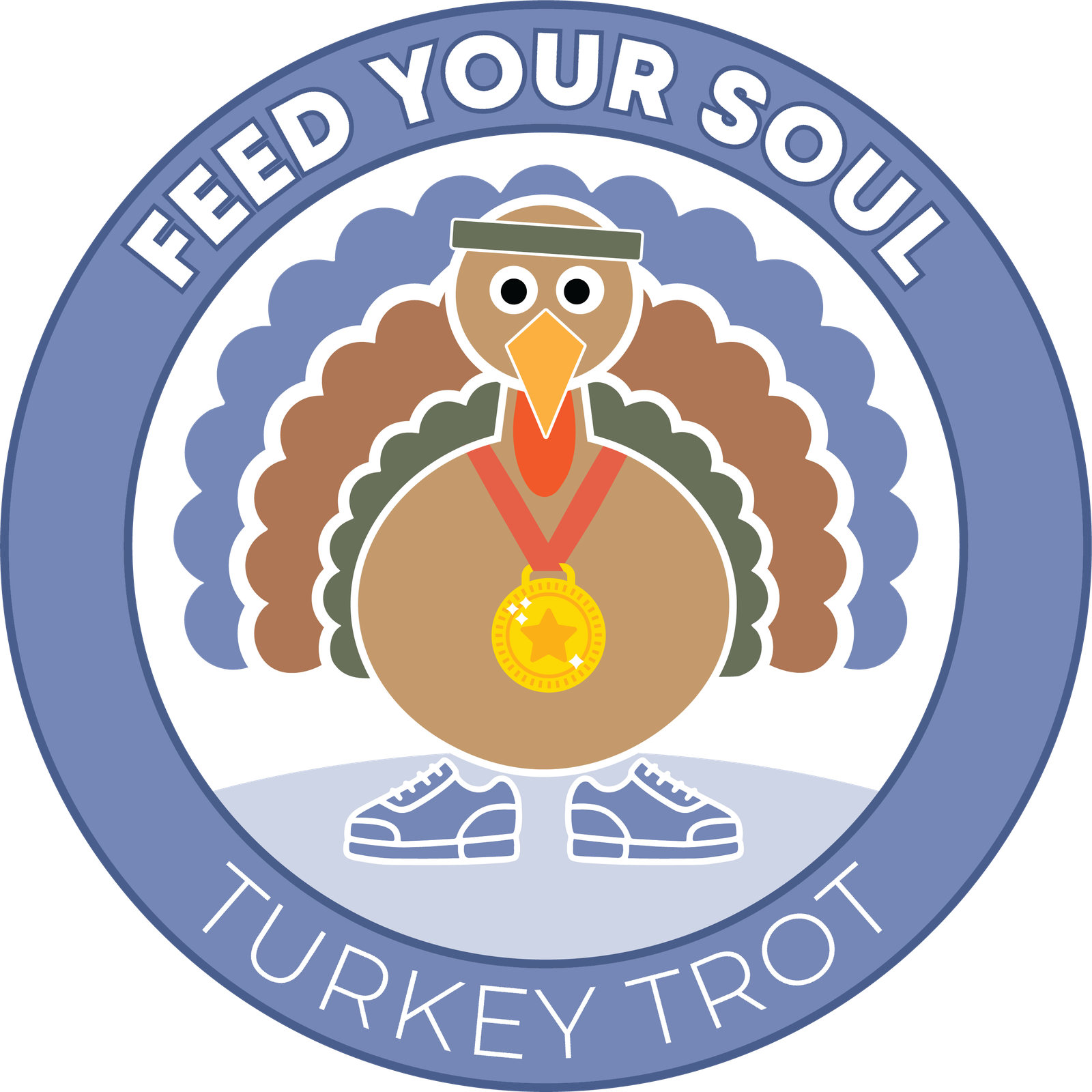 Illustration of a cartoon turkey wearing sneakers and a gold medal, inside a blue circle frame. Text reads "Feed Your Soul" at the top and "Turkey Trot" at the bottom. The turkey has a headband and is standing on a light-colored surface.