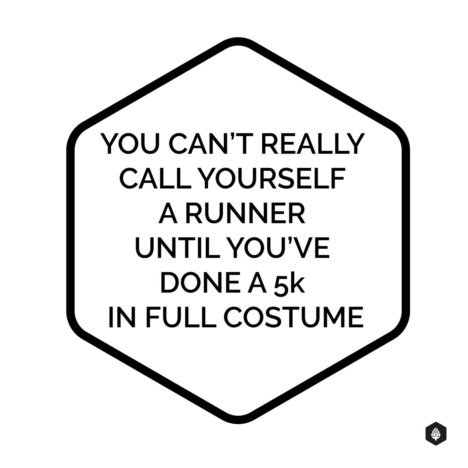 A hexagon-shaped frame with the text: "You can't really call yourself a runner until you've done a 5k in full costume." A small black logo is in the bottom right corner.