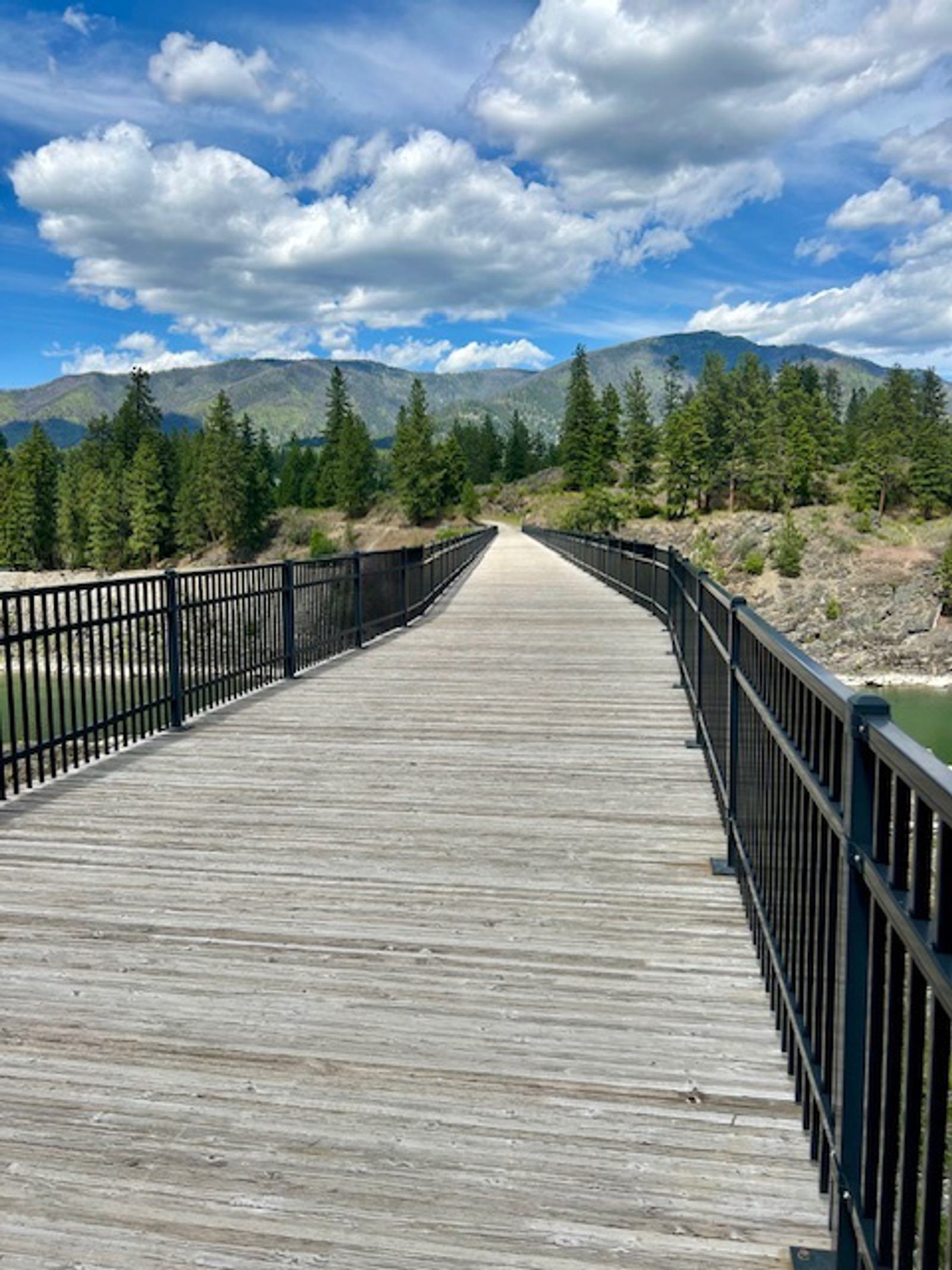 A wide wooden footbridge with black railings stretches forward, surrounded by trees and mountains under a partly cloudy sky.