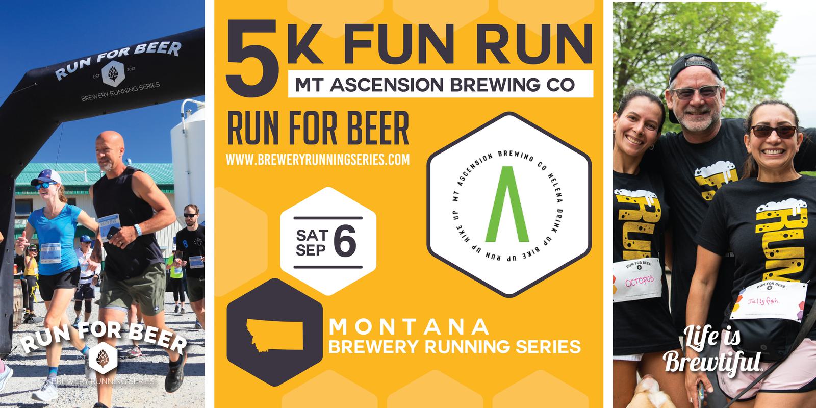 Montage with runners beneath a "Run for Beer" arch, a 5K Fun Run ad for Mt Ascension Brewing Co, and smiling participants wearing race bibs and shirts at a brewery running event.
