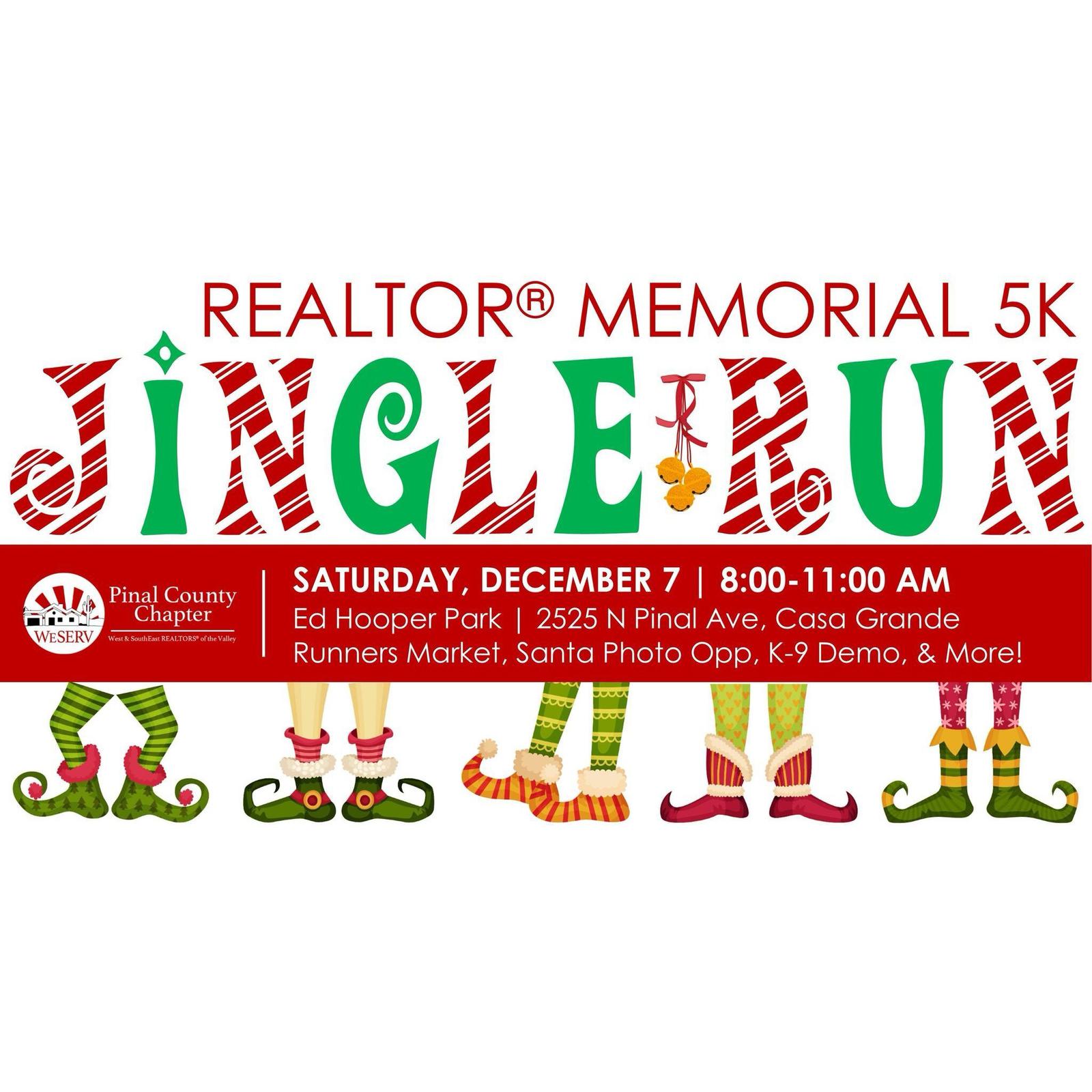 Festive graphic for the "Realtor Memorial 5K Jingle Run" at Ed Hooper Park, Casa Grande. Features colorful elf legs and shoes, with event details: Saturday, December 7, 8:00-11:00 AM. Activities include a runners market, Santa photo op, and K-9 demo.