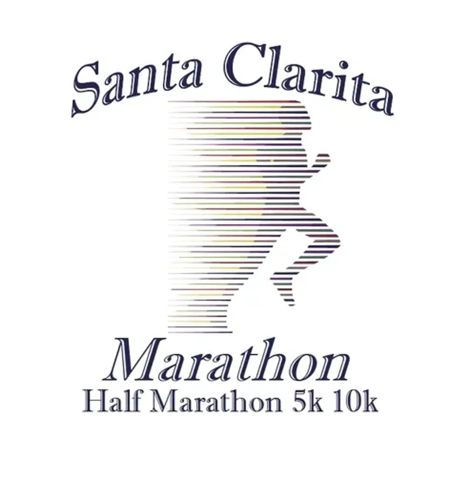 Logo for the Santa Clarita Marathon featuring a stylized running figure made from horizontal lines, with text reading "Santa Clarita Marathon Half Marathon 5k 10k.
