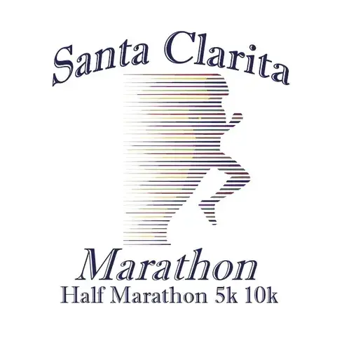 Logo for the Santa Clarita Marathon featuring a stylized running figure made from horizontal lines, with text reading "Santa Clarita Marathon Half Marathon 5k 10k.