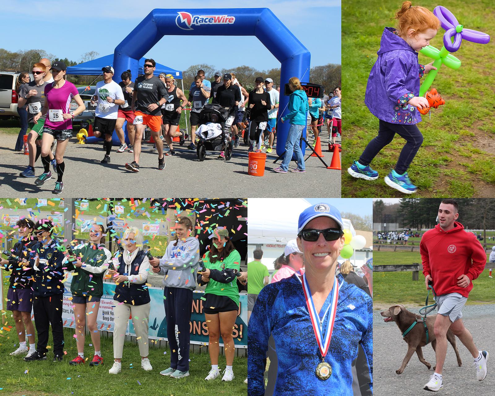 A collage of a running event: runners begin a race under a blue arch, a child plays with balloon animals, winners celebrate with confetti, a woman poses with a medal, and a man walks a dog.