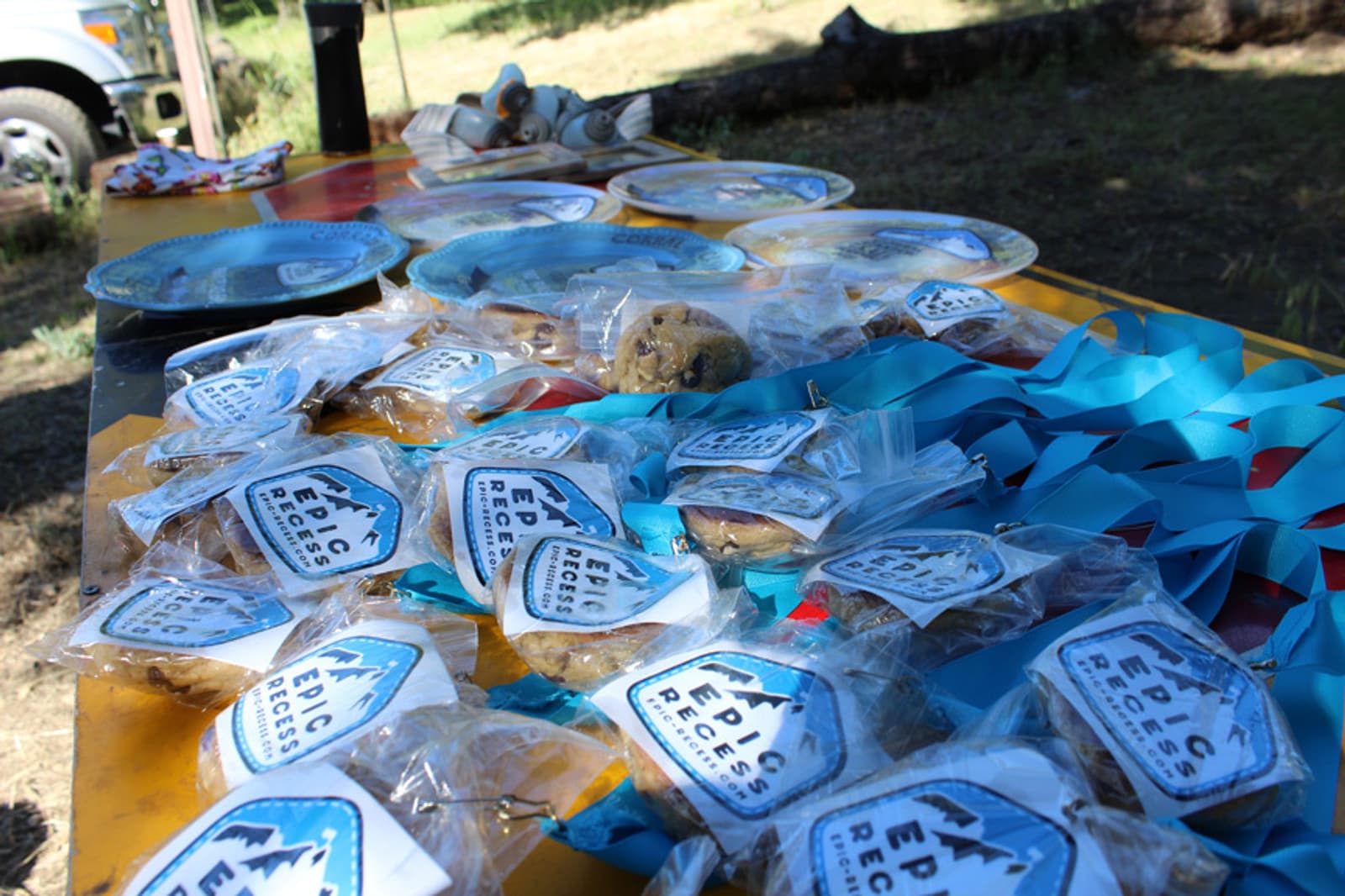 A table outdoors holds packaged cookies with "Epic Rides" labels, blue ribbons, and paper plates. Sunlight casts shadows across the table, while a van and trees are visible in the background.