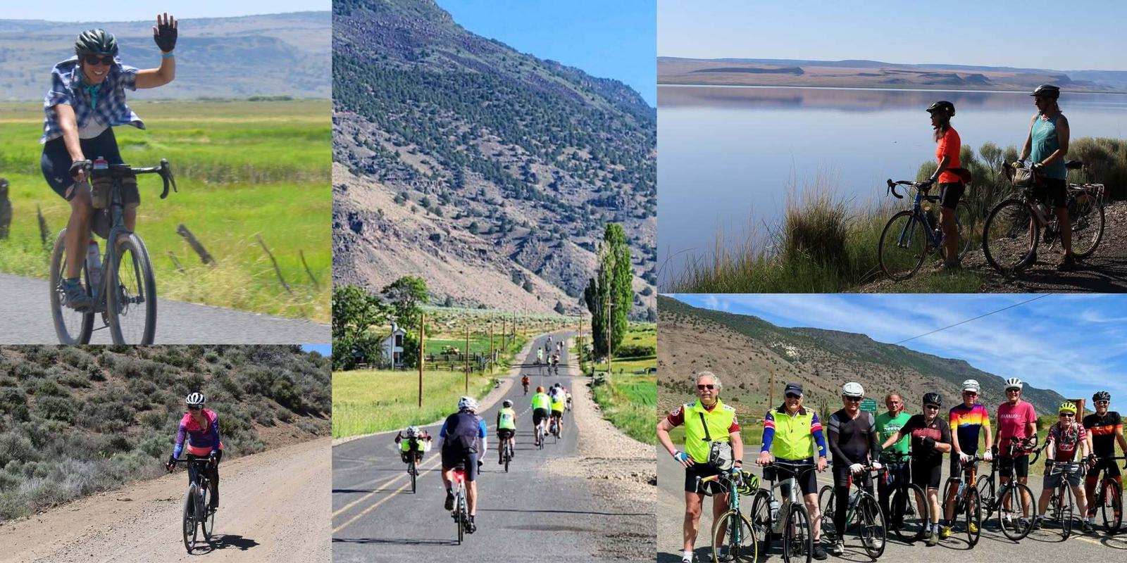 A collage of cyclists riding on scenic rural roads and paths. One cyclist waves, others ride in groups. The landscape includes mountains, fields, and a lake, with lush green and dry, rugged terrains under clear blue skies.