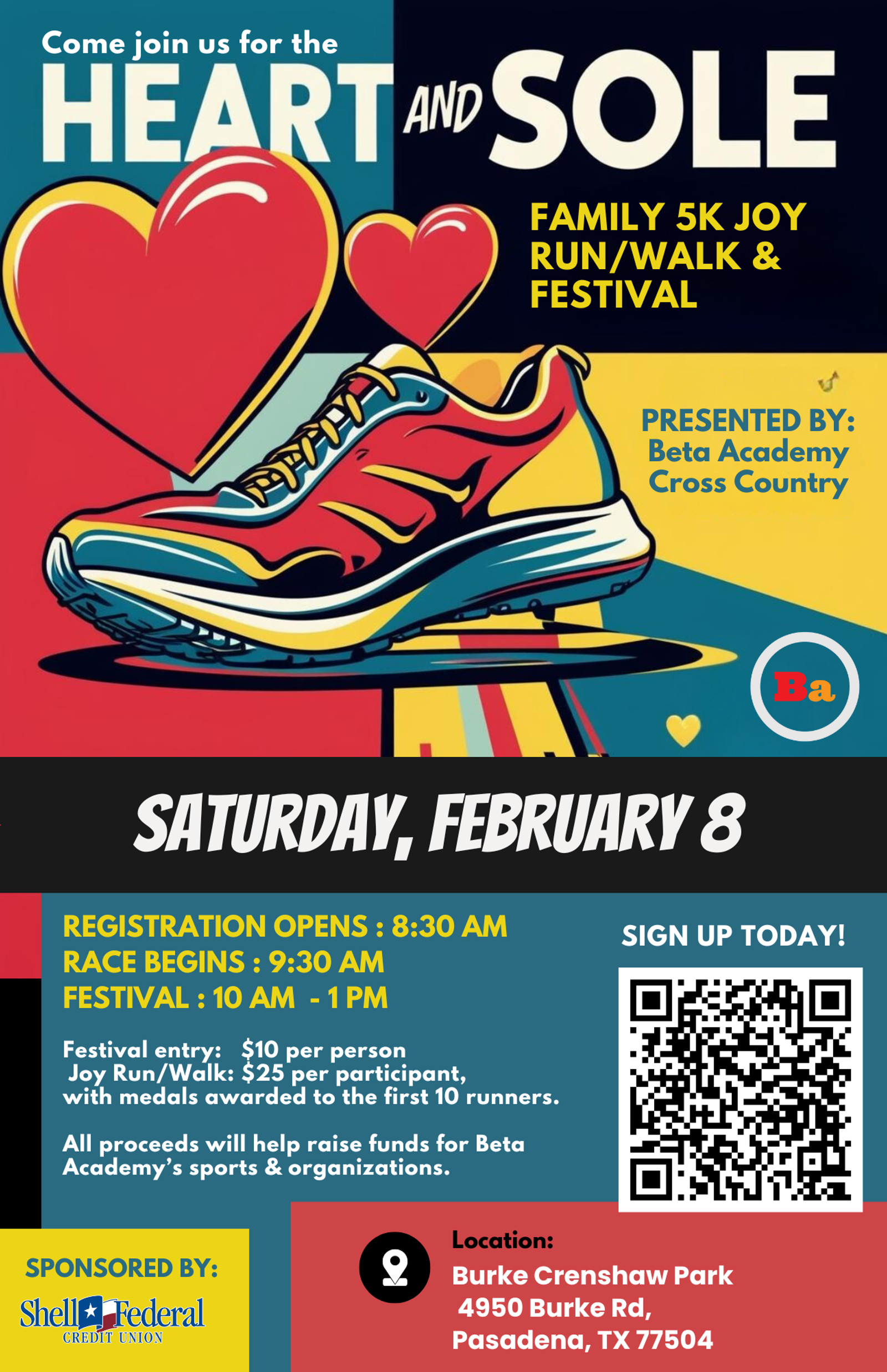 Promotional poster for the "Heart and Sole" Family 5K Run/Walk & Festival on February 8. Includes colorful sneakers, event details, registration times, location, and sponsors. Benefits Beta Academy Cross Country.
