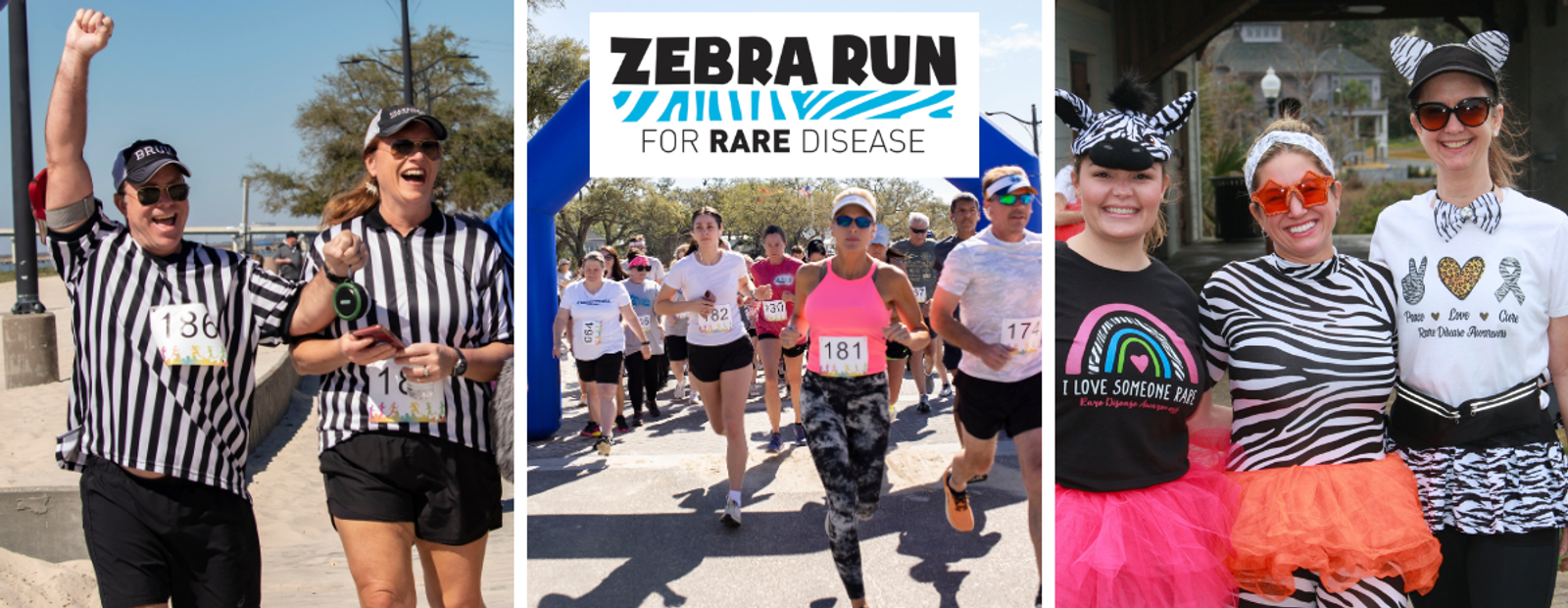 Collage of Zebra Run event for rare disease awareness. Left: Two people in referee shirts walking. Center: Group of runners, woman in pink leading. Right: Participants in zebra-themed outfits and tutus smiling for a photo.