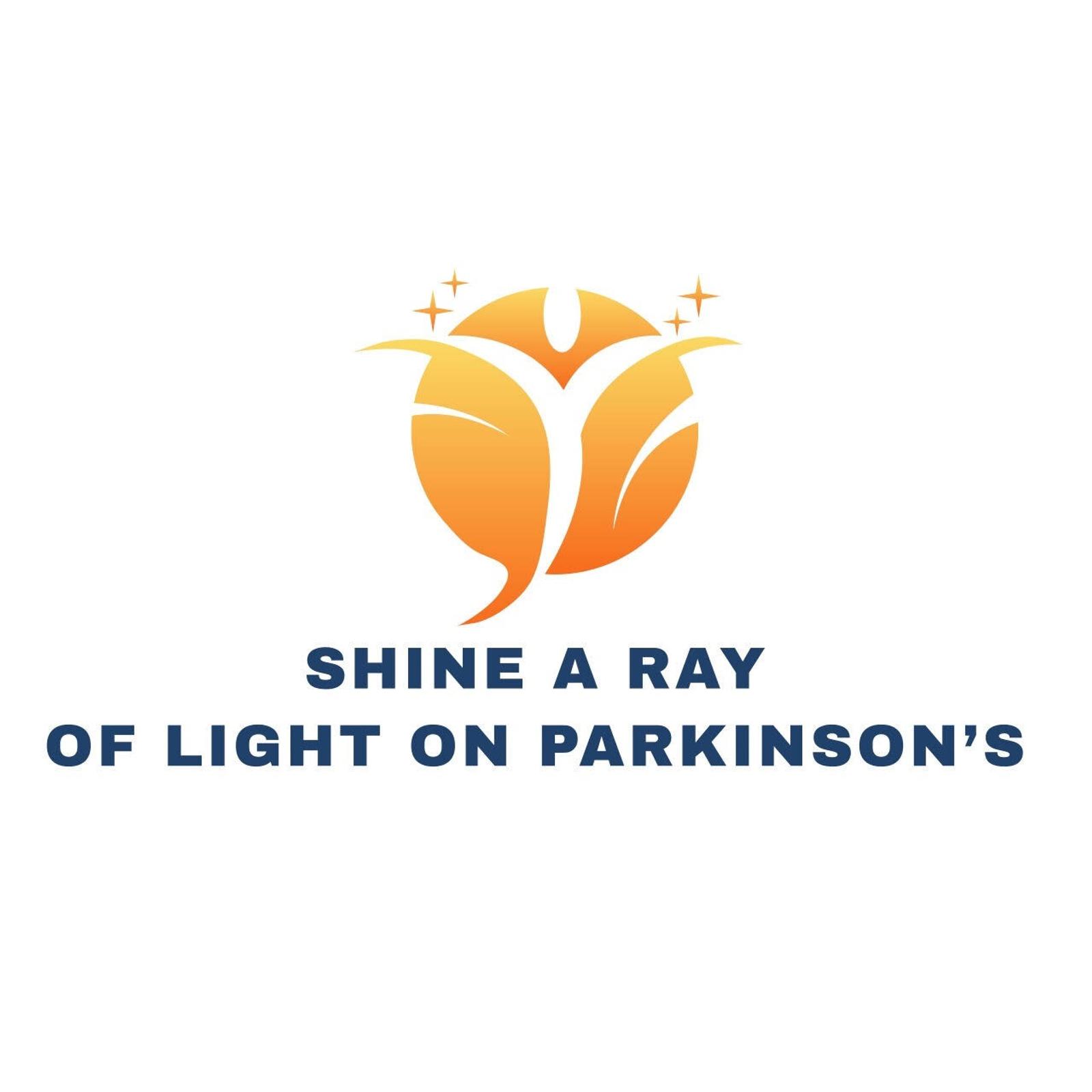 Logo of a stylized orange person with outstretched arms in front of a sun, accompanied by stars. Below, bold text reads, "Shine a Ray of Light on Parkinson's.
