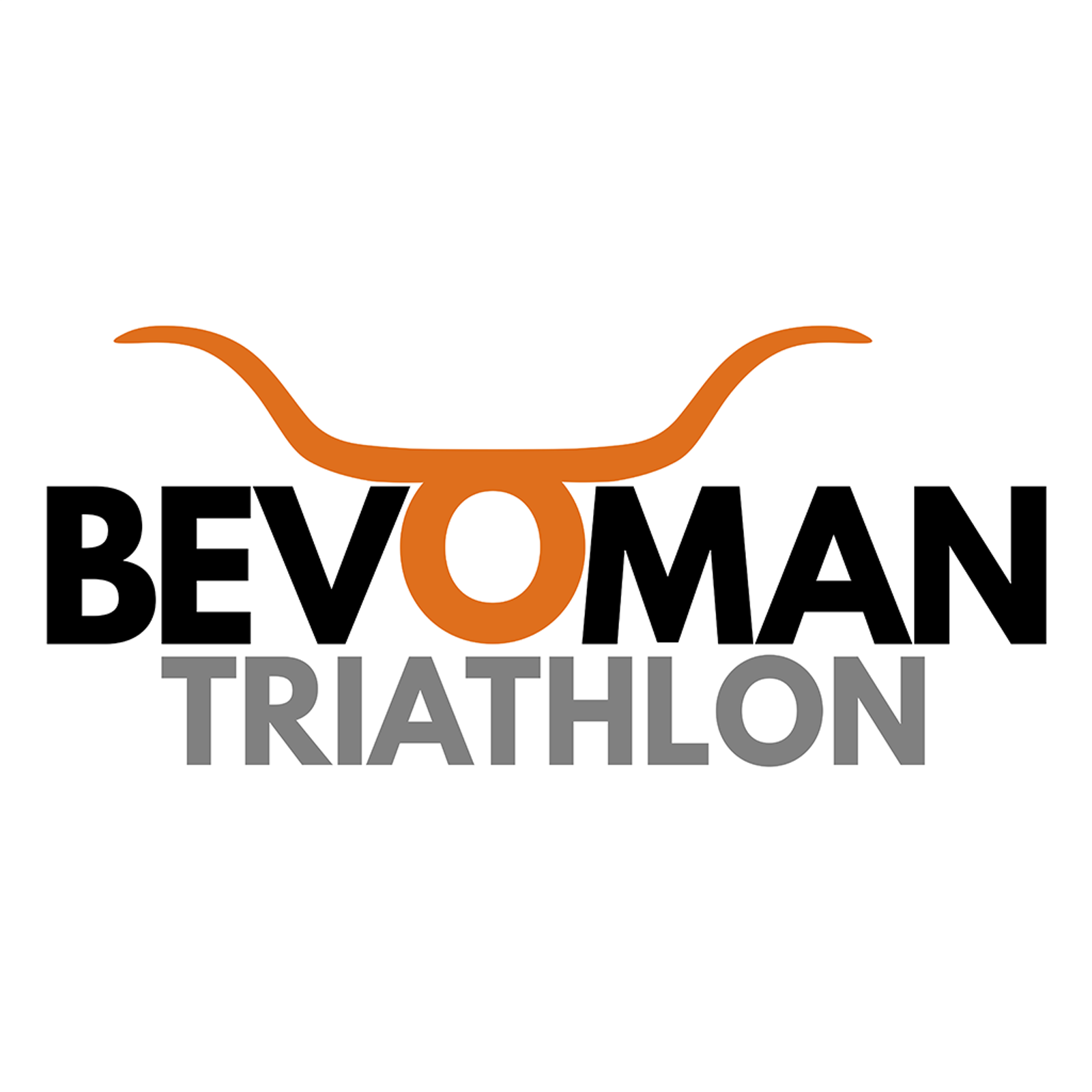 Logo with bold black text "BEVOMAN" where the "O" is stylized as an orange longhorn. Below, "TRIATHLON" is written in gray capital letters. The background is white.