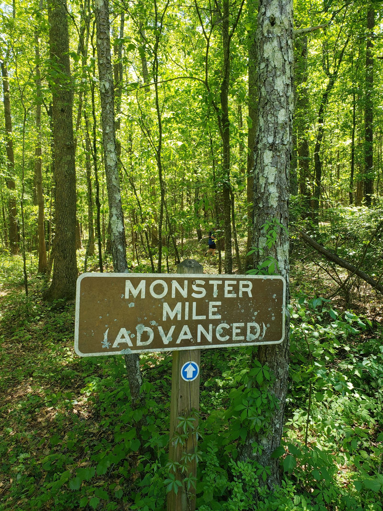 A brown sign with white text reads "Monster Mile (Advanced)" in a lush green forest. A narrow path leads into the dense trees behind the sign, and a person is partially visible in the background.