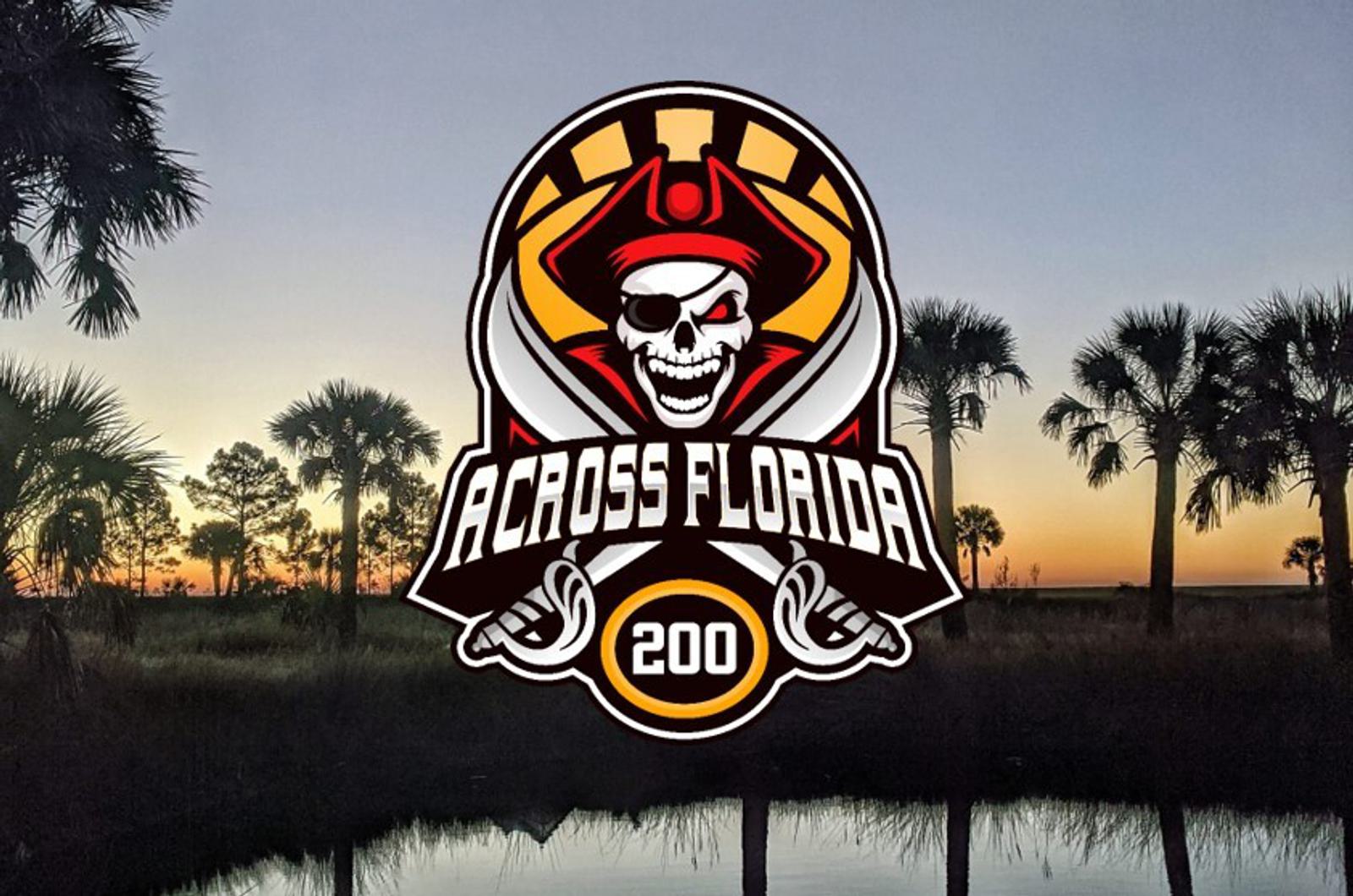 A sunset landscape with silhouettes of palm trees and a body of water in the foreground. Overlaid is a logo featuring a pirate skull with crossbones, red hat, and text that reads "Across Florida 200.