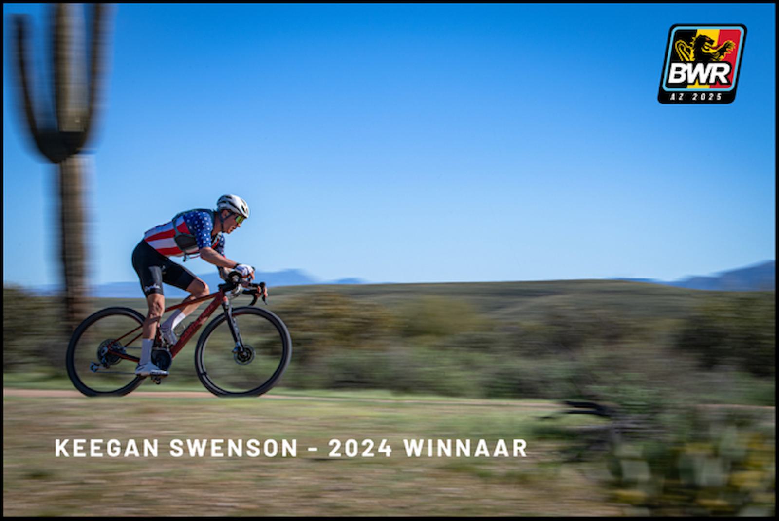 Cyclist on a gravel road, wearing a patterned jersey and helmet, rides through a desert landscape with cacti and distant hills. The image includes text: "KEEGAN SWENSON - 2024 WINNAAR" and a logo at the top right corner.