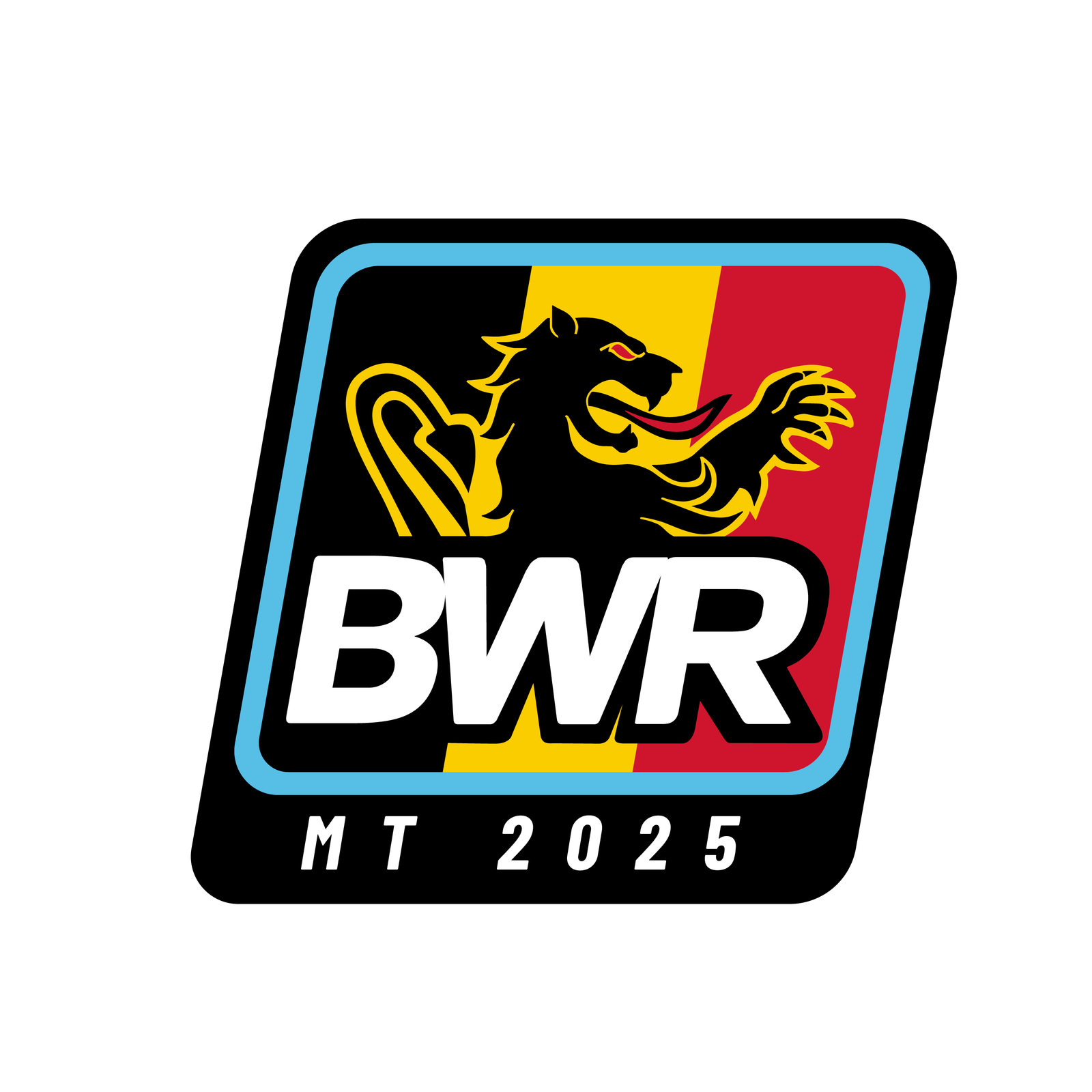 Logo with a stylized black lion on a red and yellow background, encased in a blue-bordered angled rectangle. The letters "BWR" are bold and white, centered below the lion. "MT 2025" is written beneath in smaller white letters.