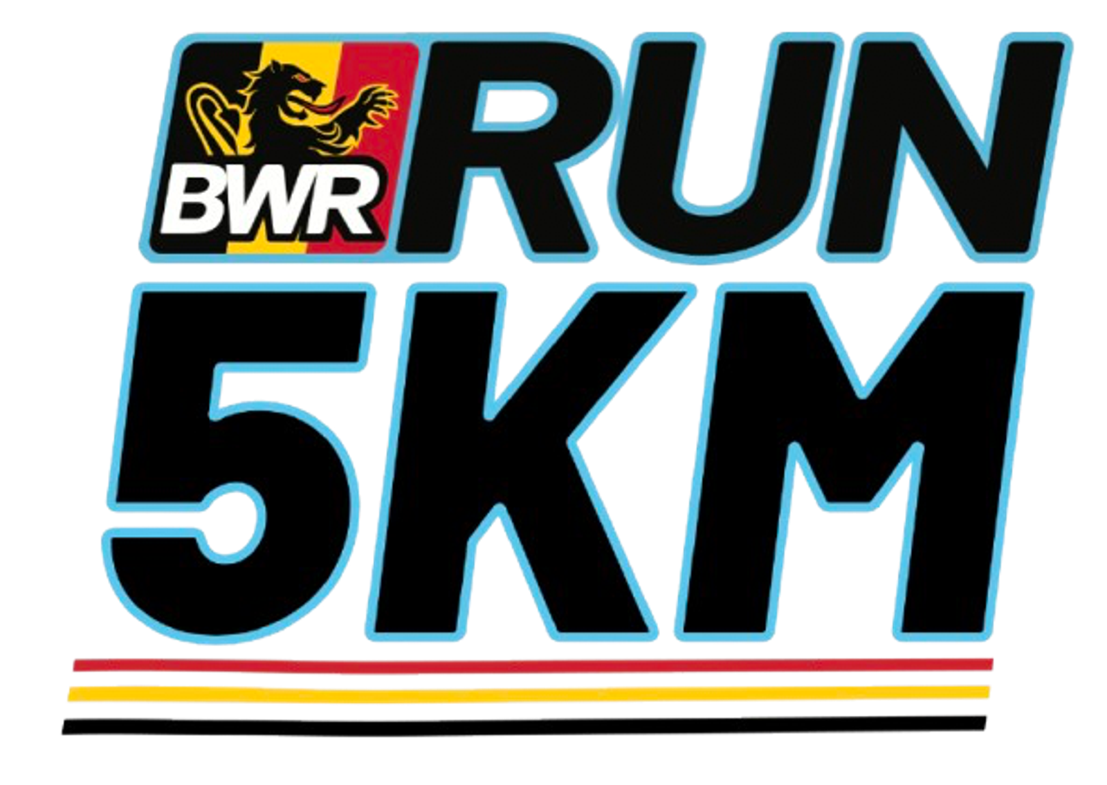 The image features the text "BWR RUN 5KM" in bold letters. A small lion logo appears next to "BWR," and there are horizontal stripes in red, yellow, and black at the bottom.