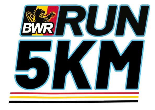 The image features the text "BWR RUN 5KM" in bold letters. A small lion logo appears next to "BWR," and there are horizontal stripes in red, yellow, and black at the bottom.