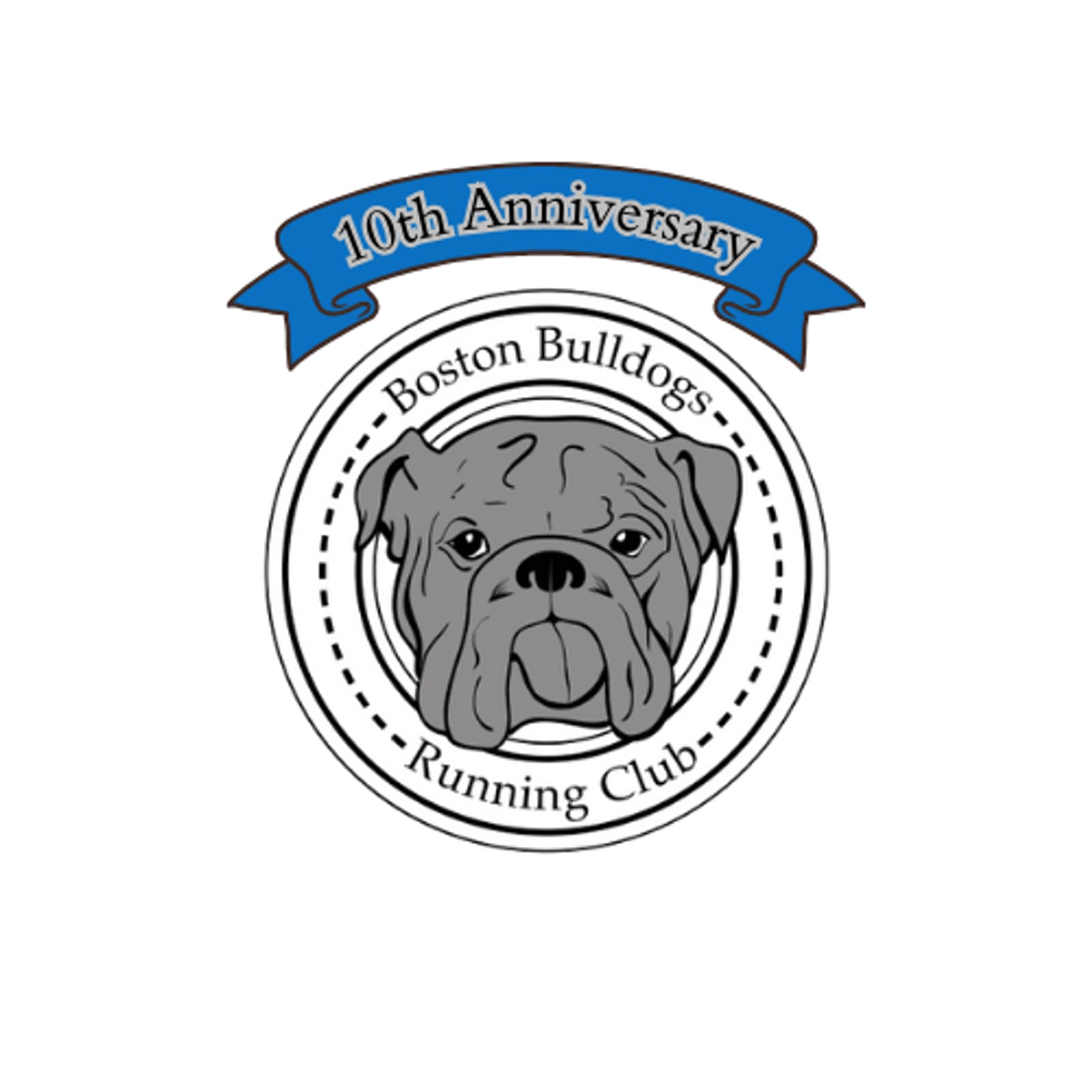 Illustrated logo featuring a bulldogβs face within a circle, surrounded by text "Boston Bulldogs Running Club." A blue ribbon above states "10th Anniversary.