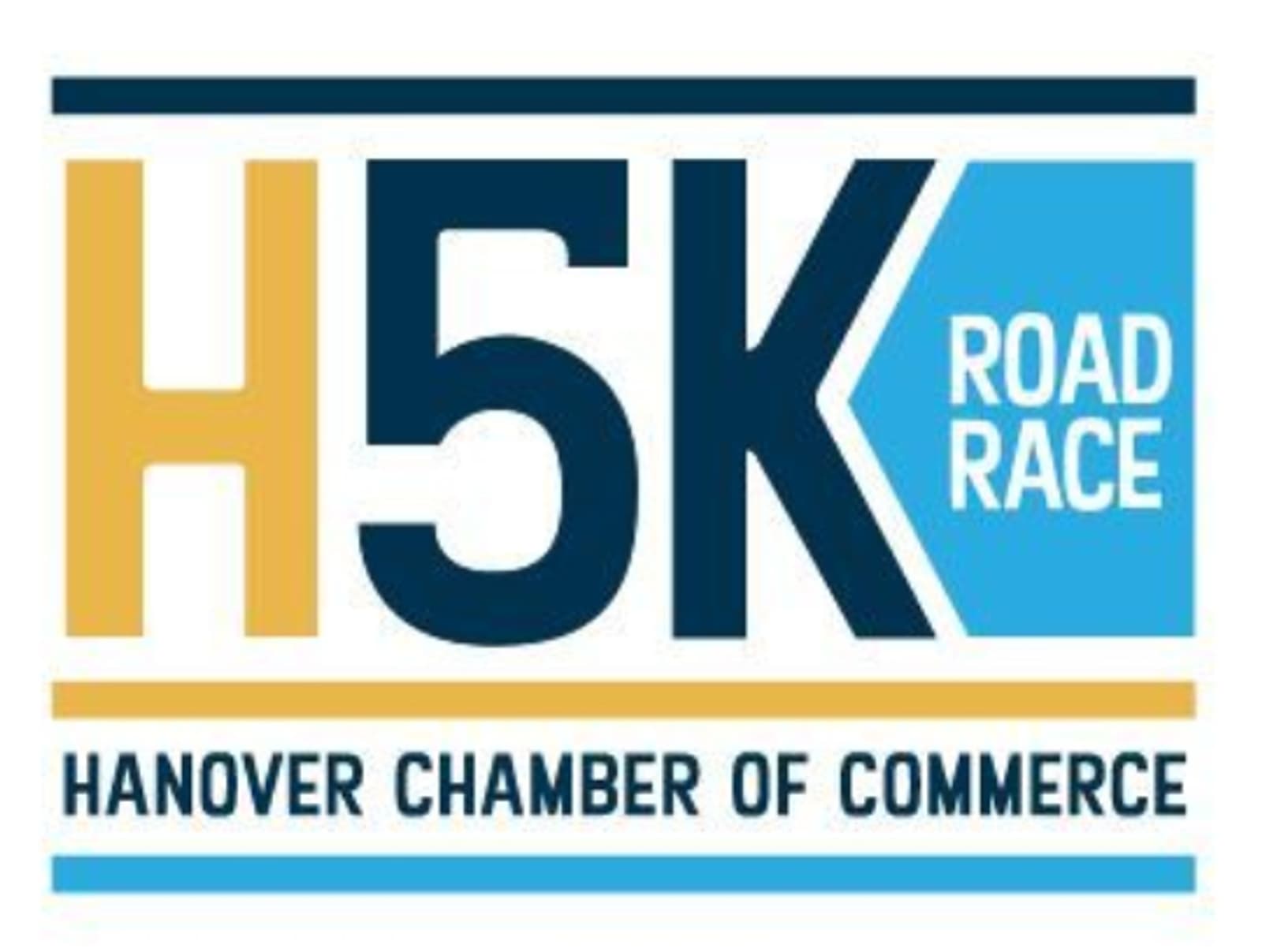 Logo for the H5K Road Race, featuring large letters "H5K" with "Road Race" on a blue background. Below, it reads "Hanover Chamber of Commerce" against a white background.