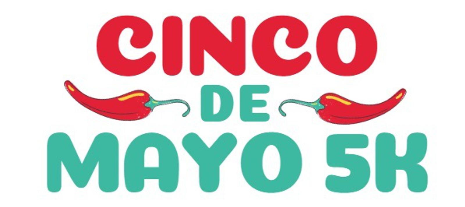 Text reading "Cinco de Mayo 5K" with "Cinco" in red and "de Mayo 5K" in green. Two red chili peppers are placed horizontally between the words.