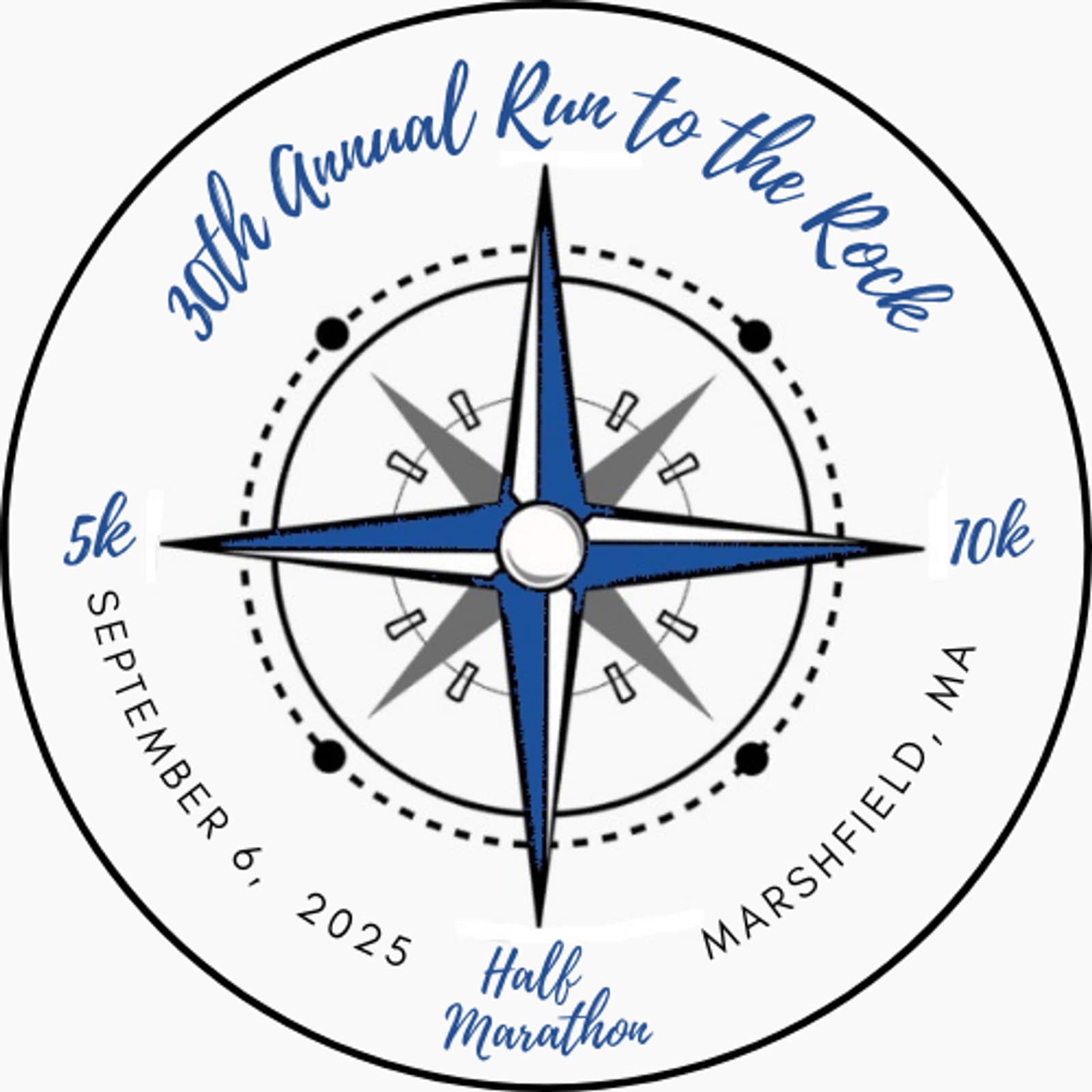 Circular logo for the 30th Annual Run to the Rock event. Features a blue compass design in the center with text around it: "5k," "10k," "Half Marathon," "September 6, 2025," and "Marshfield, MA.