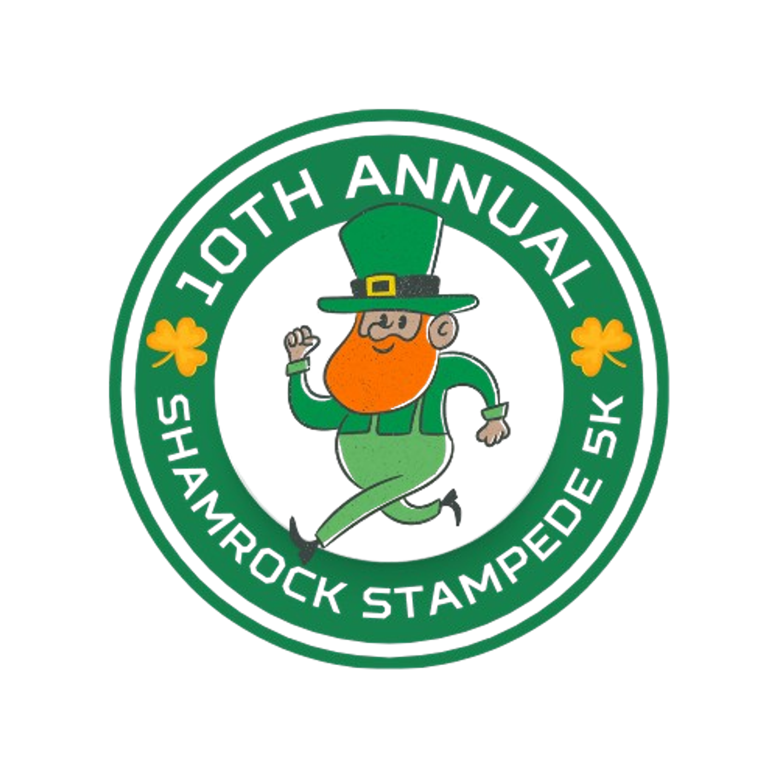 Illustration of a leprechaun running inside a circular logo. Text reads "10th Annual Shamrock Stampede 5K," accompanied by two shamrocks on either side. The leprechaun has a green outfit and an orange beard.