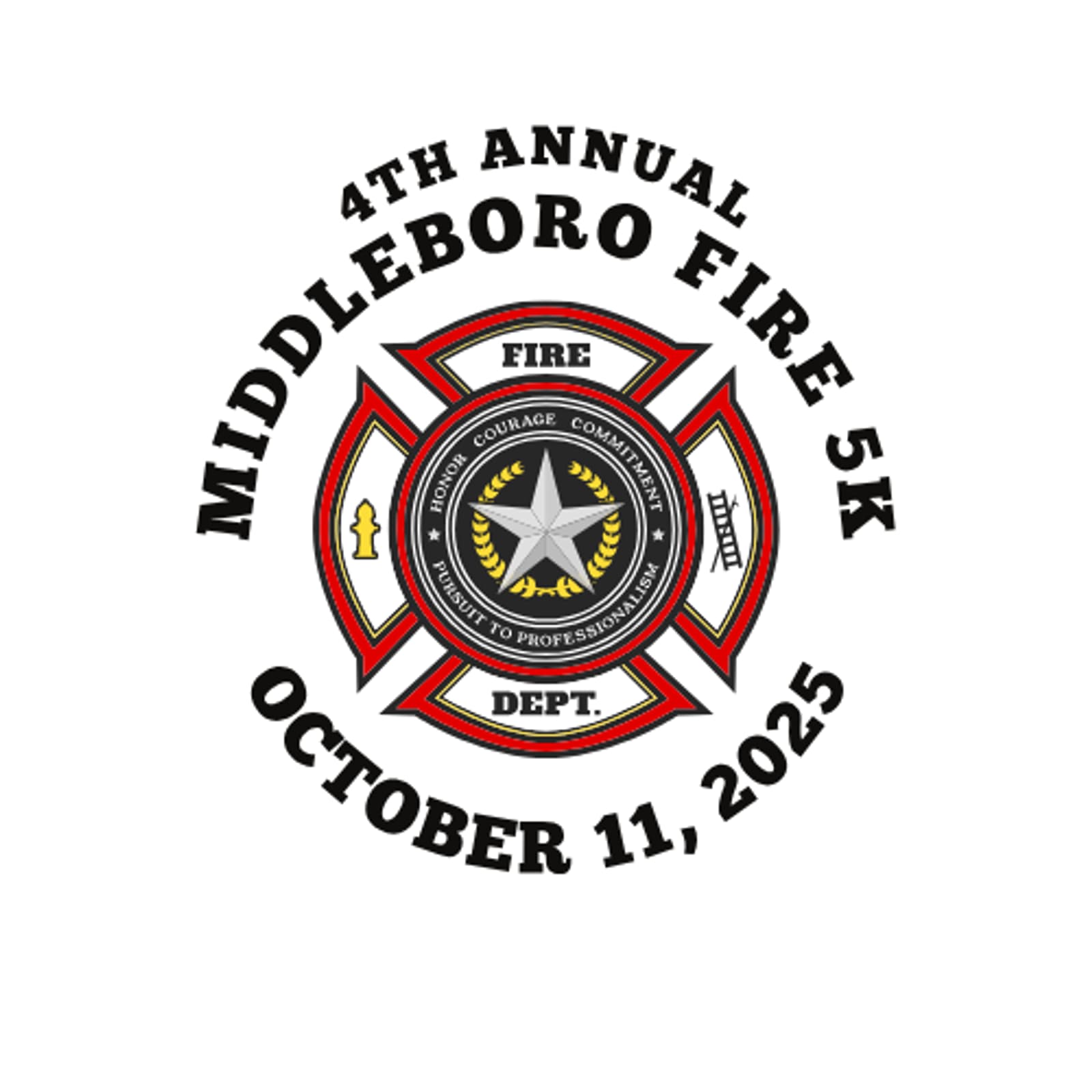 Circular logo for the 4th Annual Middleboro Fire 5K on October 11, 2025, with a fire department emblem in the center. Text surrounds the emblem with event details.