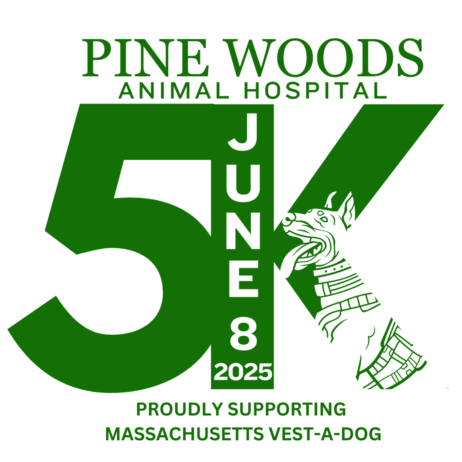 Logo for Pine Woods Animal Hospital 5K event on June 8, 2025. Features the text "Proudly Supporting Massachusetts Vest-a-Dog" with an illustration of a dog wearing a vest integrated into the large "5K" text.
