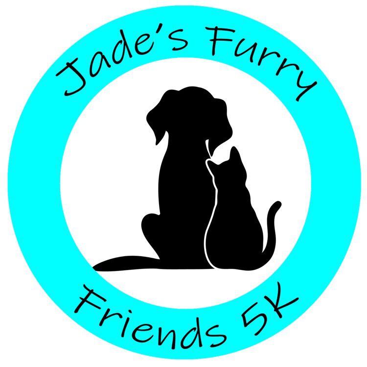 Logo with a turquoise circle and text "Jade's Furry Friends 5K." Inside the circle, there is a black silhouette of a dog sitting beside a cat, both facing forward.