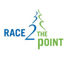 The logo features the words "RACE 2 THE POINT" in blue and green. Above the text, there are stylized representations of pine trees arranged to form an upward-pointing arrow. The background is white.