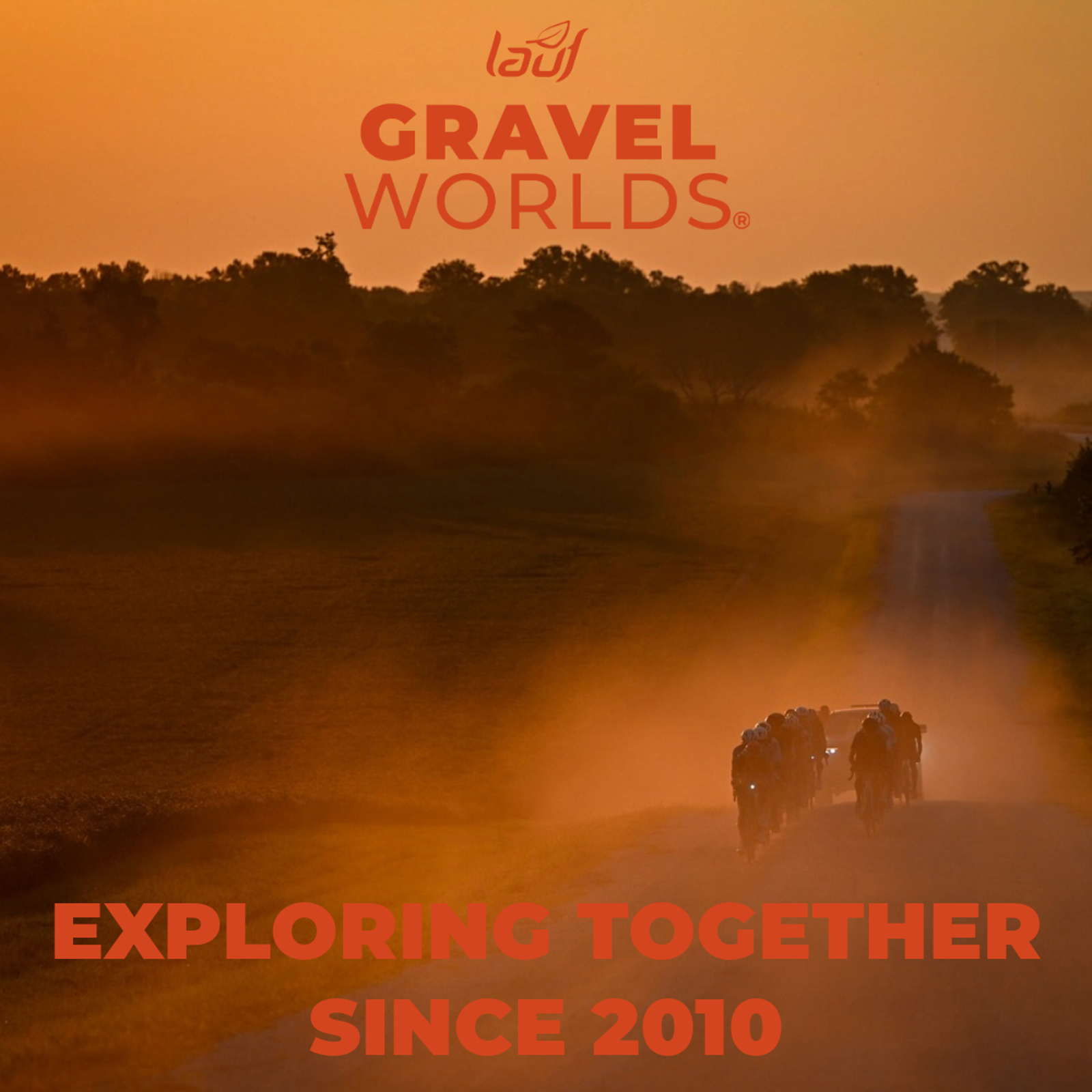 Cyclists ride on a dusty road lined with trees at sunset, casting a warm orange glow. The text "Gravel Worlds" and "Exploring Together Since 2010" is overlaid on the image.
