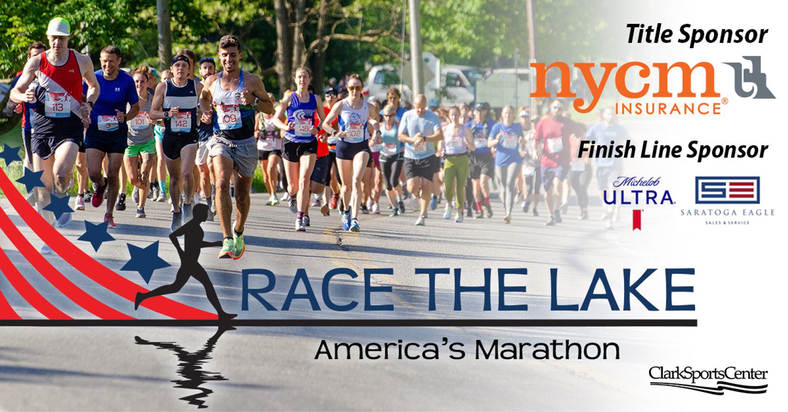 A diverse group of marathon runners on a road, with "Race the Lake: America's Marathon" text. Logos for NYCM Insurance, Michelob Ultra, and Saratoga Eagle as sponsors. A graphic of a runner with an American flag motif is present.