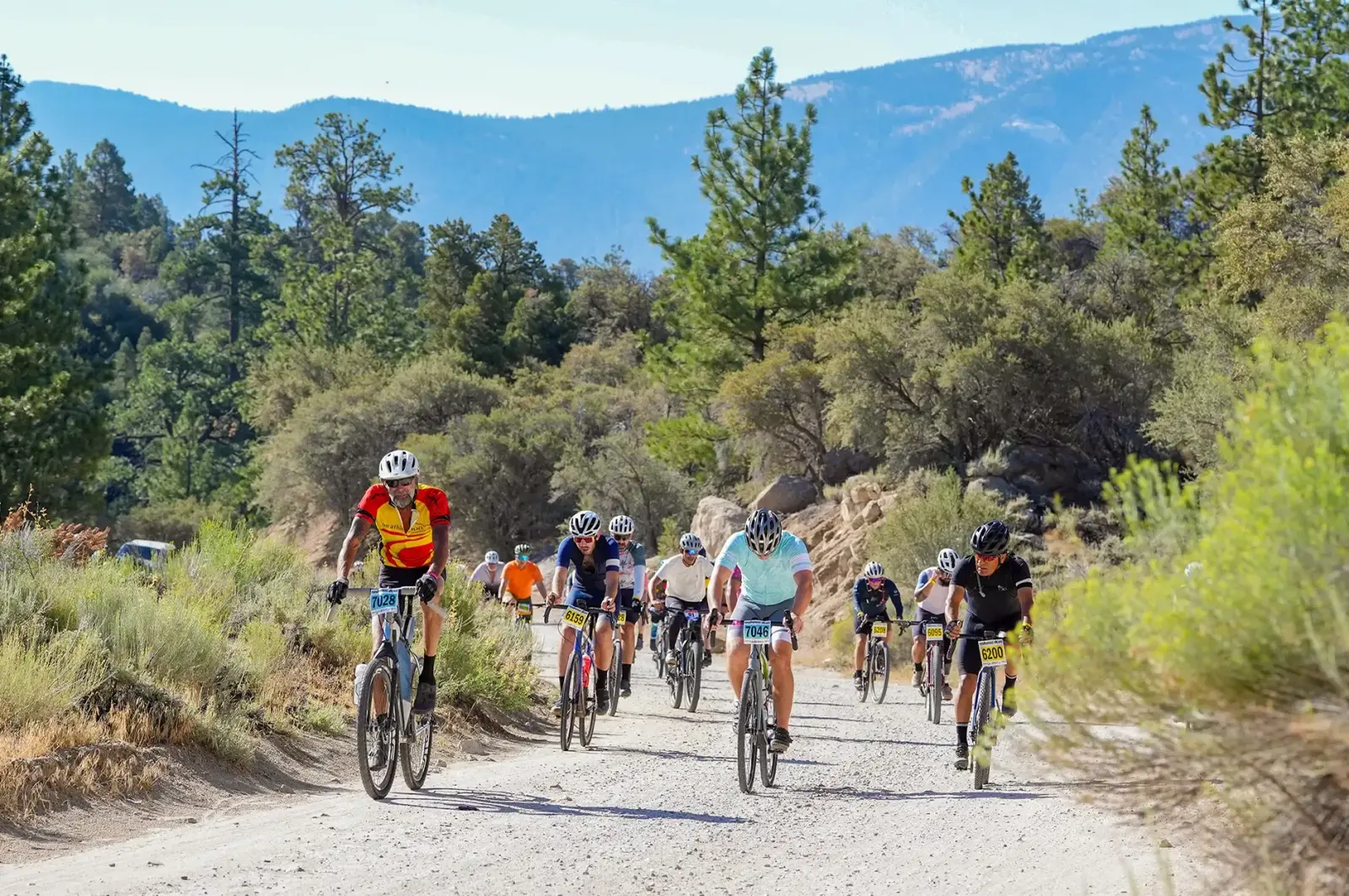 A group of cyclists ride on a scenic gravel path surrounded by greenery and trees, with mountains in the background. They are wearing helmets and colorful cycling gear, participating in what appears to be an organized race or event.