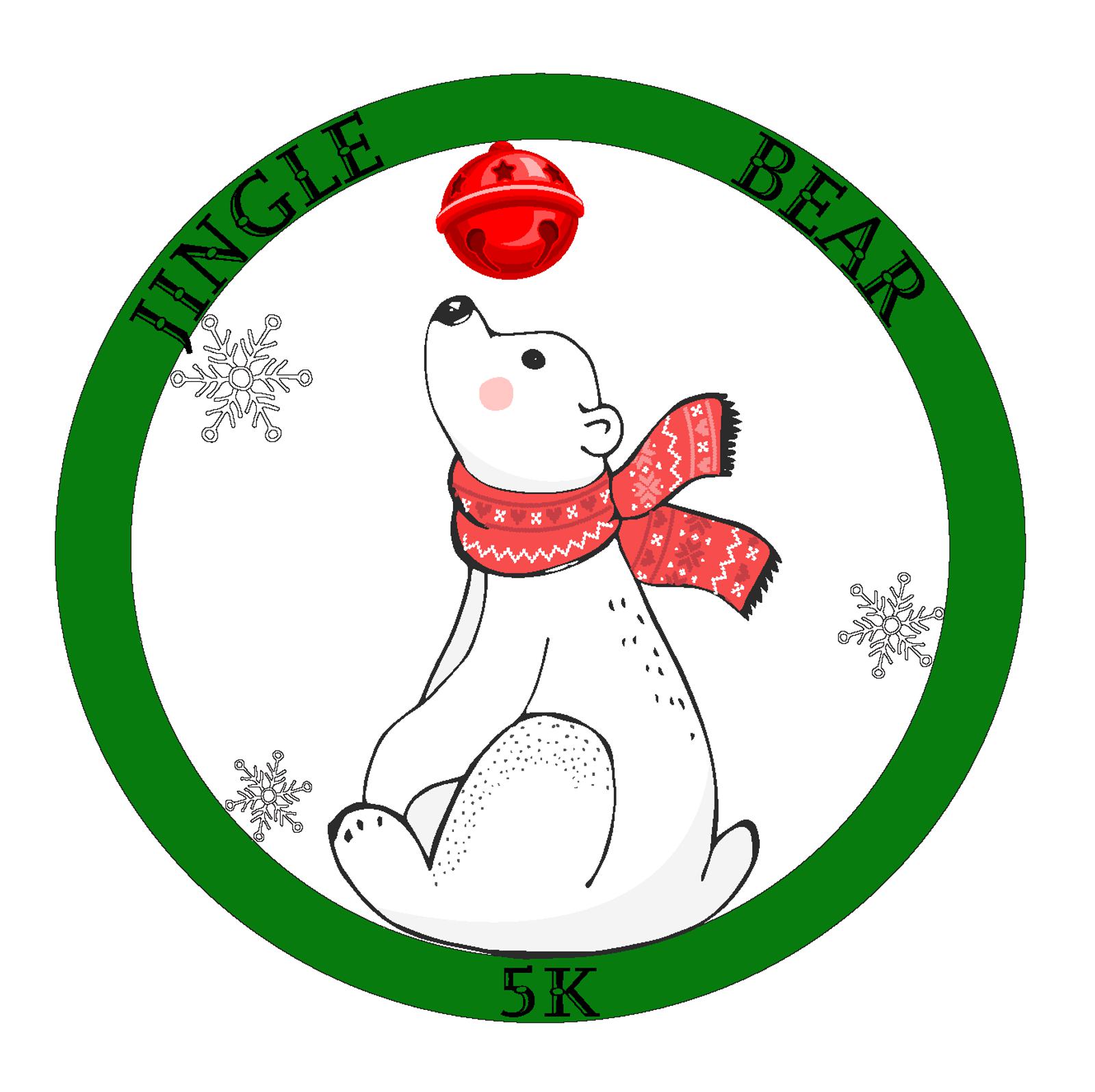 A cartoon polar bear wearing a red patterned scarf sits under a red jingle bell, surrounded by snowflakes. A green border reads "JINGLE BEAR 5K.