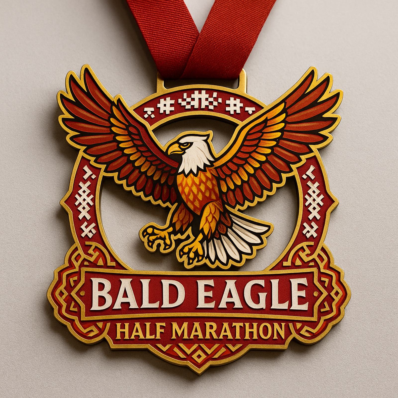 A medal with a red ribbon features a detailed illustration of a bald eagle with outstretched wings and the text "Bald Eagle Half Marathon" in bold red and white lettering.