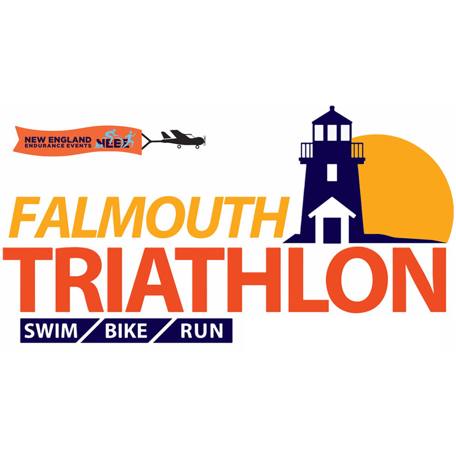 Logo for the Falmouth Triathlon featuring a lighthouse silhouette against an orange sun. Text reads "Falmouth Triathlon" with "Swim Bike Run" below. A banner for New England Endurance Events is at the top left, showing a swimmer, cyclist, and runner.