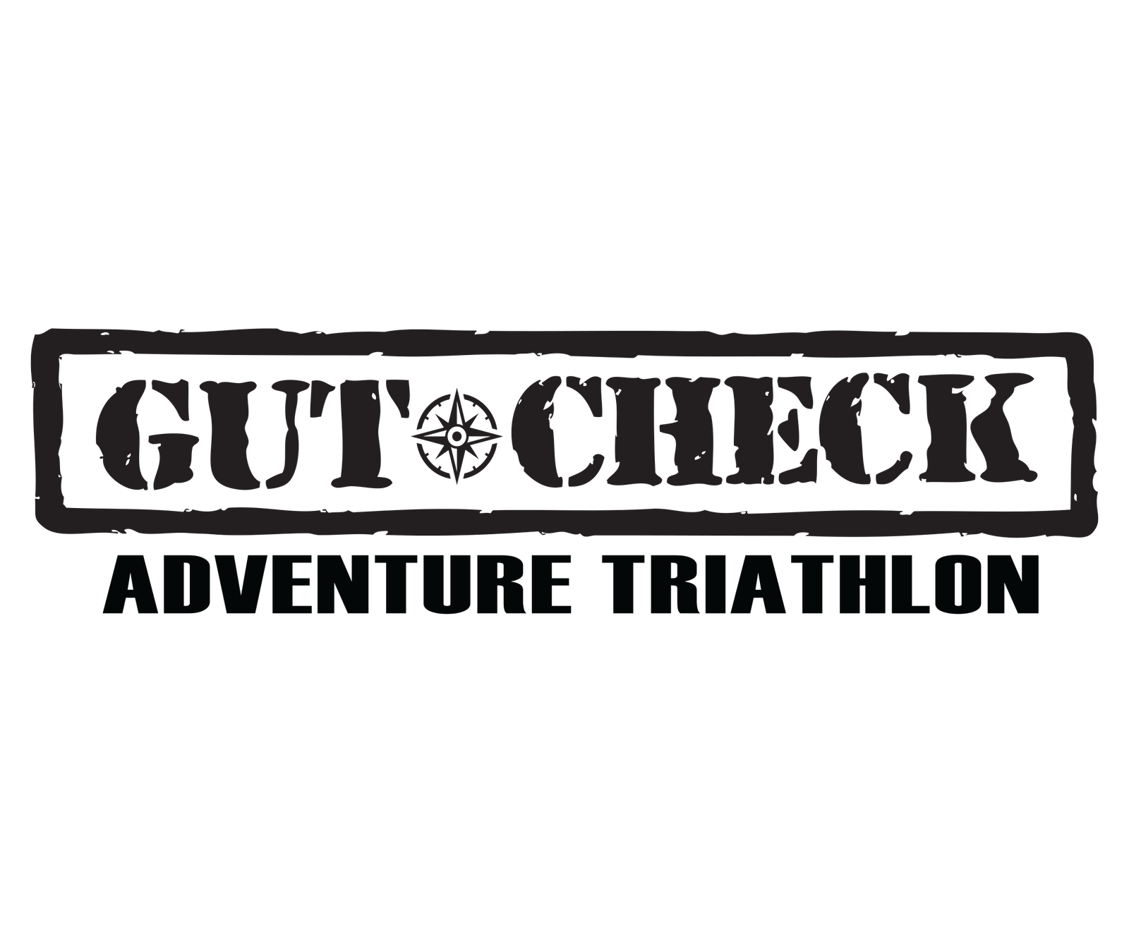 Logo with a rugged, stamped look reading "GUT CHECK" with a compass symbol in the letter "O." Below, it says "ADVENTURE TRIATHLON." The design gives a sense of challenge and outdoorsmanship.