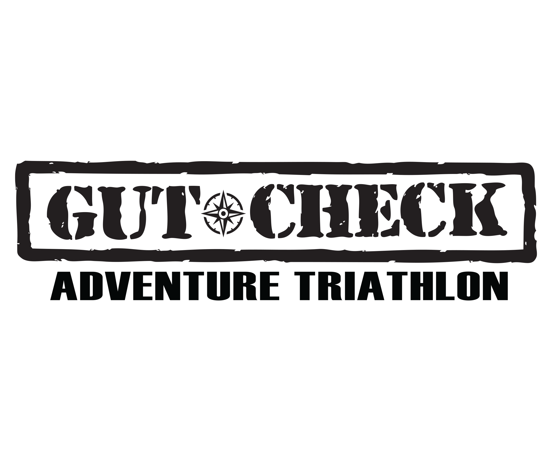 Logo with a rugged, stamped look reading "GUT CHECK" with a compass symbol in the letter "O." Below, it says "ADVENTURE TRIATHLON." The design gives a sense of challenge and outdoorsmanship.