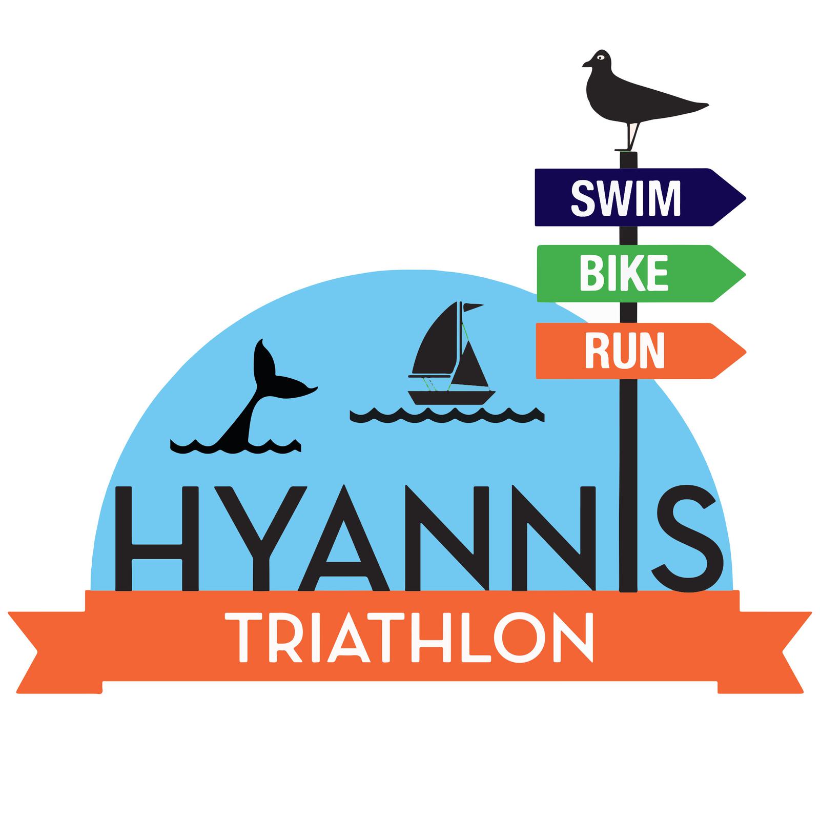 Logo for the Hyannis Triathlon featuring a seagull on a signpost with directions for "Swim," "Bike," and "Run." A whale tail and sailboat are on a blue background, with "HYANNIS TRIATHLON" text over an orange banner.